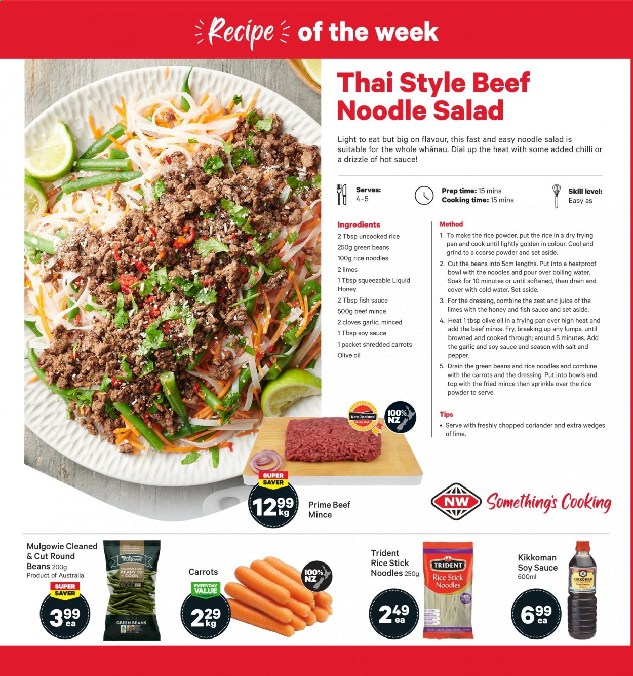 thumbnail - New World mailer - 19.07.2021 - 25.07.2021 - Sales products - garlic, green beans, noodles, Trident, rice flour, rice vermicelli, pepper, cloves, coriander, fish sauce, soy sauce, hot sauce, Kikkoman, dressing, honey, beef meat, Dial. Page 4.