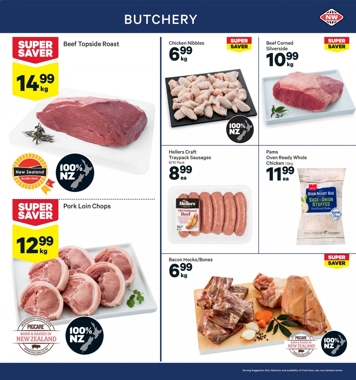 thumbnail - New World mailer - 19.07.2021 - 25.07.2021 - Sales products - chicken roast, bacon, sausage, whole chicken, pork chops, pork loin, pork meat. Page 7.
