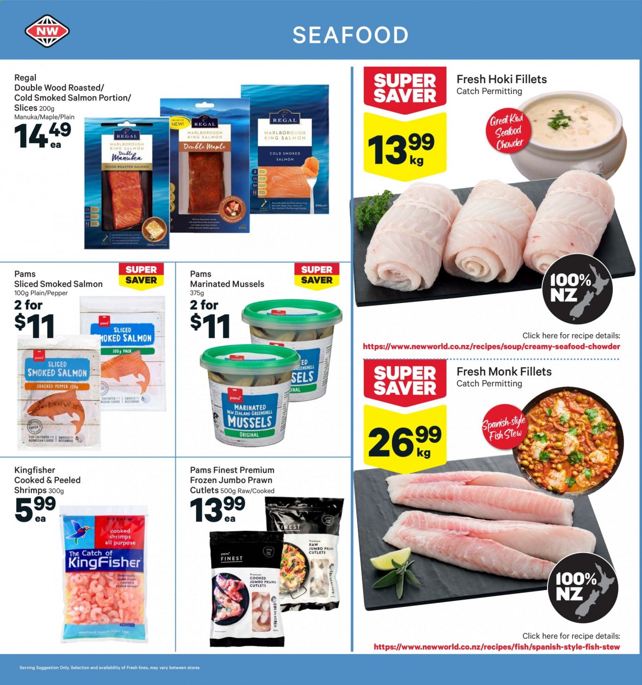 thumbnail - New World mailer - 19.07.2021 - 25.07.2021 - Sales products - kiwi, mussels, salmon, shrimps, smoked salmon, seafood, prawns, fish, hoki fish, soup, pepper. Page 8.