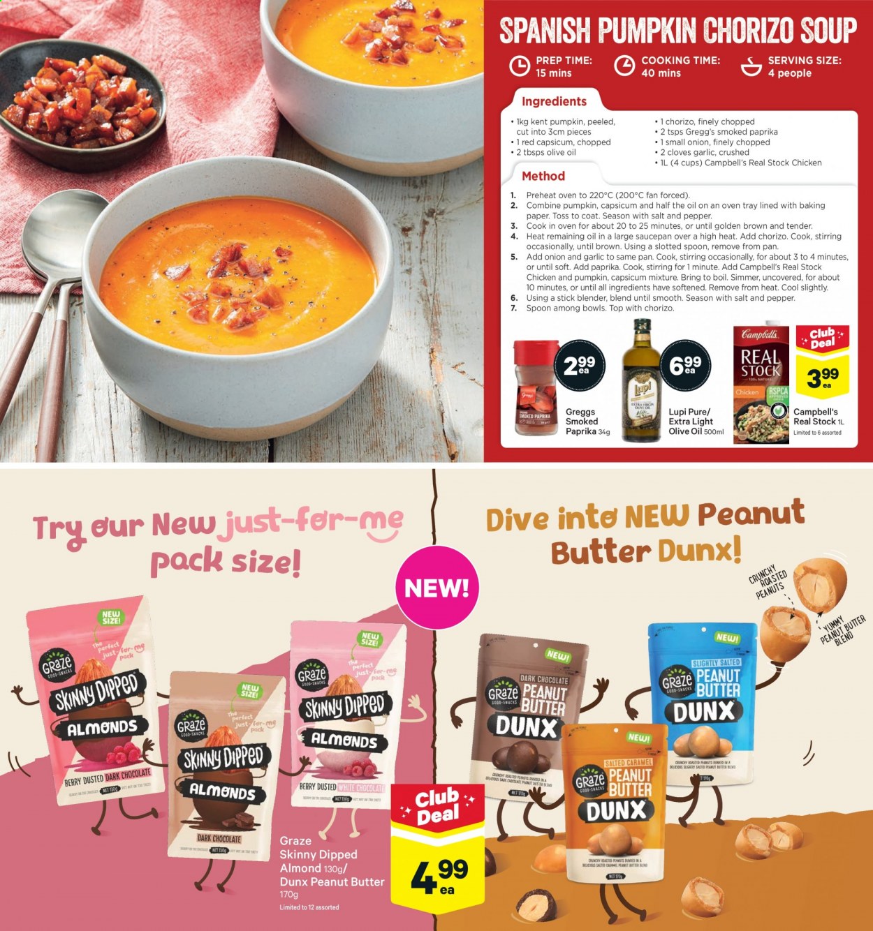 thumbnail - New World mailer - 19.07.2021 - 25.07.2021 - Sales products - garlic, Campbell's, soup, chorizo, pepper, cloves, olive oil, peanut butter, Graze. Page 15.