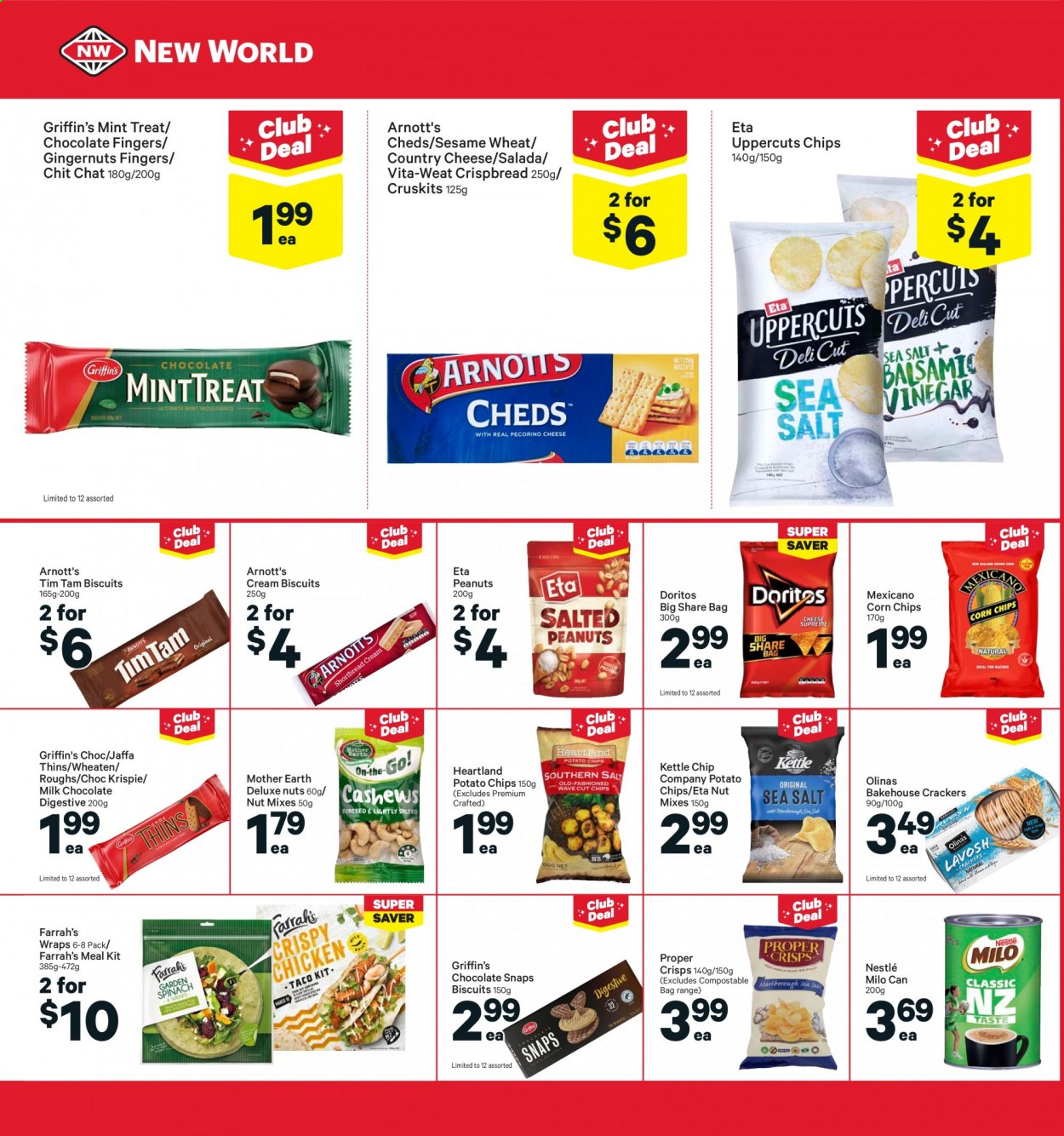 thumbnail - New World mailer - 19.07.2021 - 25.07.2021 - Sales products - wraps, crispbread, cheese, Milo, milk chocolate, Nestlé, chocolate, crackers, Tim Tam, biscuit, Griffin's, Mother Earth, Digestive, Doritos, potato chips, chips, Thins, corn chips, Heartland, Mexicano, peanuts. Page 20.