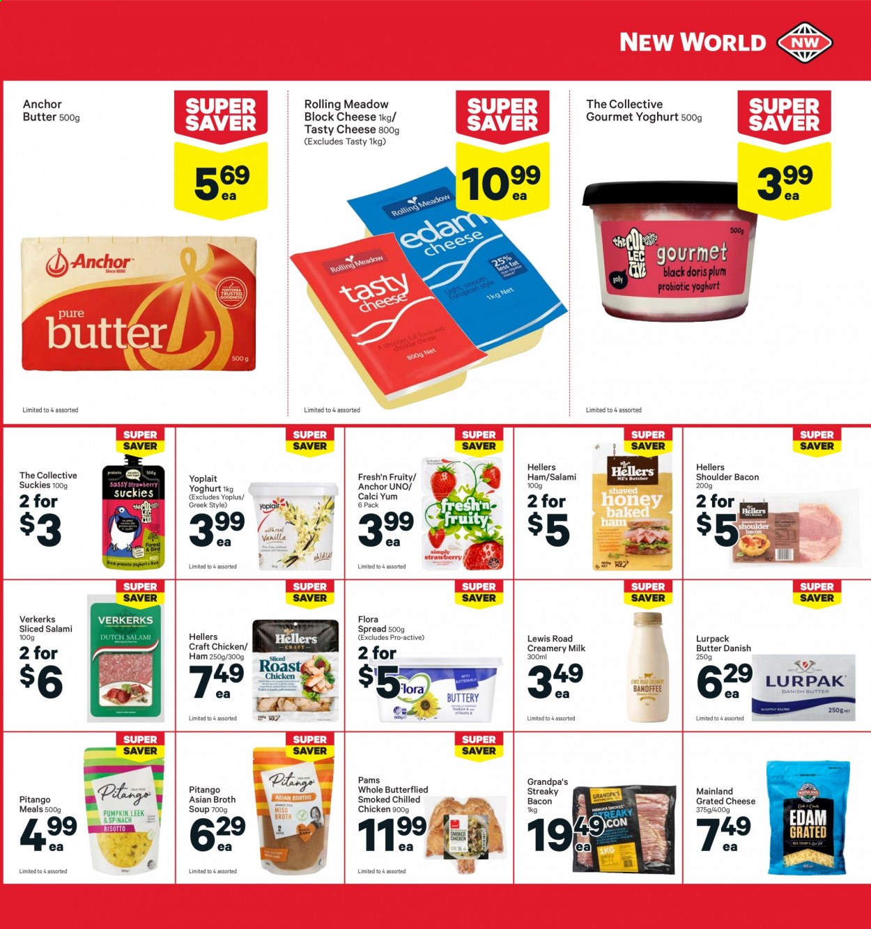 thumbnail - New World mailer - 19.07.2021 - 25.07.2021 - Sales products - soup, bacon, salami, ham, shoulder bacon, streaky bacon, cheese, grated cheese, yoghurt, Fresh'n Fruity, Yoplait, milk, butter, Flora, Anchor, broth. Page 23.