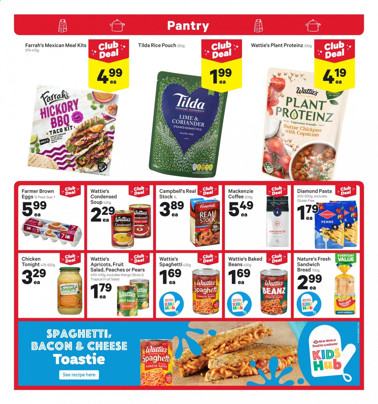 thumbnail - New World mailer - 19.07.2021 - 25.07.2021 - Sales products - bread, tortillas, capsicum, mango, pears, apricots, peaches, Campbell's, spaghetti, chicken soup, soup, pasta, sauce, Wattie's, bacon, eggs, butter, Heinz, baked beans, fruit salad, basmati rice, rice, penne, spice, coriander, mustard, coffee. Page 12.