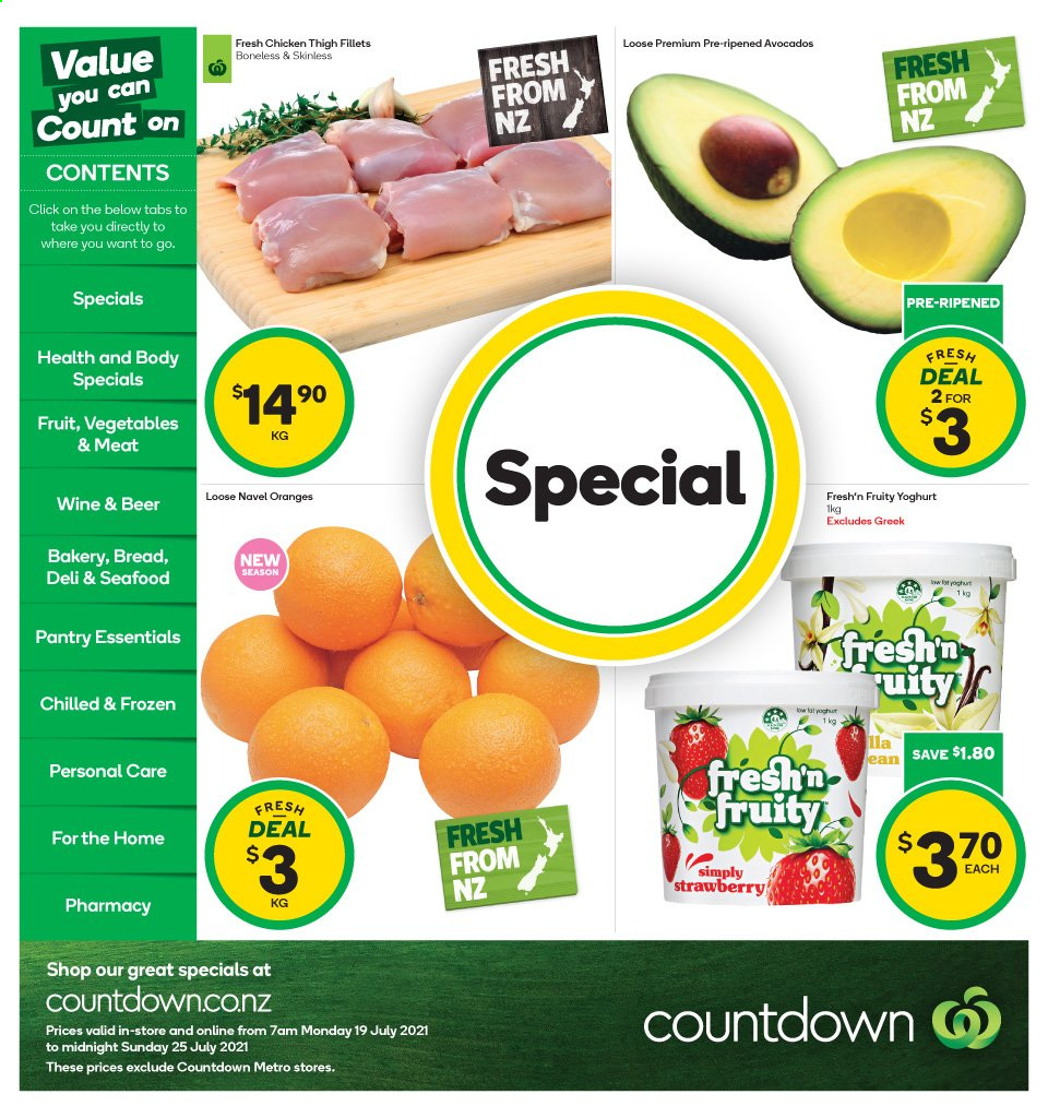 thumbnail - Countdown mailer - 19.07.2021 - 25.07.2021 - Sales products - avocado, oranges, navel oranges, yoghurt, Fresh'n Fruity, wine, beer. Page 1.
