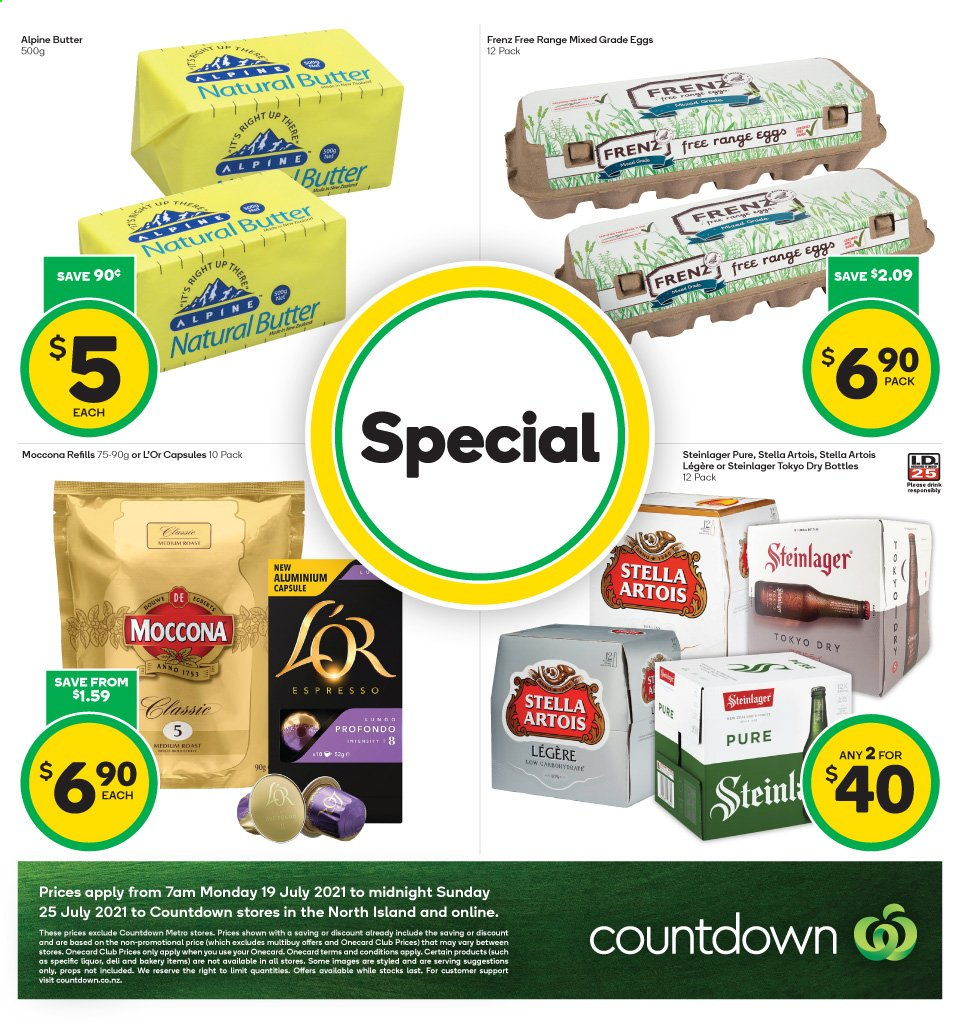 thumbnail - Countdown mailer - 19.07.2021 - 25.07.2021 - Sales products - Stella Artois, eggs, butter, Moccona, L'Or, liquor, beer, Steinlager. Page 2.