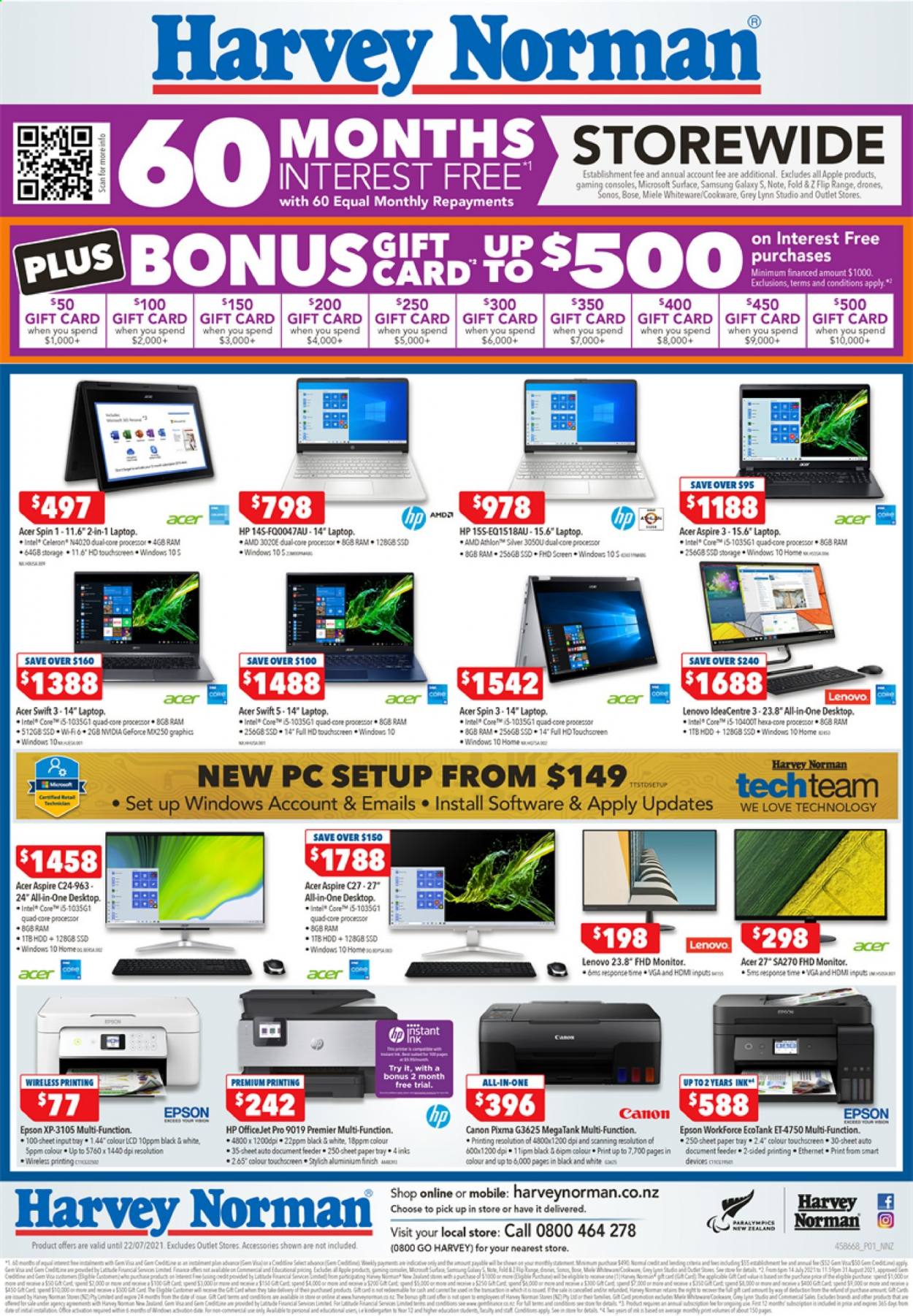 thumbnail - Harvey Norman mailer - 17.07.2021 - 22.07.2021 - Sales products - Apple, Intel, Acer, Lenovo, Hewlett Packard, Samsung Galaxy, drone, Samsung, laptop, GeForce, Athlon, monitor, Canon, Sonos, Epson, BOSE, Miele, HP OfficeJet. Page 1.