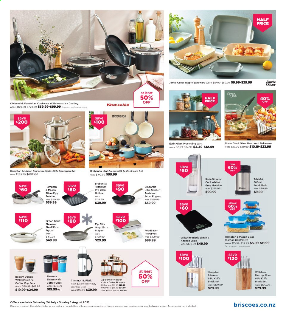 thumbnail - Briscoes mailer - 24.07.2021 - 01.08.2021 - Sales products - storage box, scale, Brabantia, cookware set, KitchenAid, knife, knife block, coffee cup, cup, saucepan, kitchen scale, bakeware, Hampton & Mason, preserving jars, frying pan. Page 3.