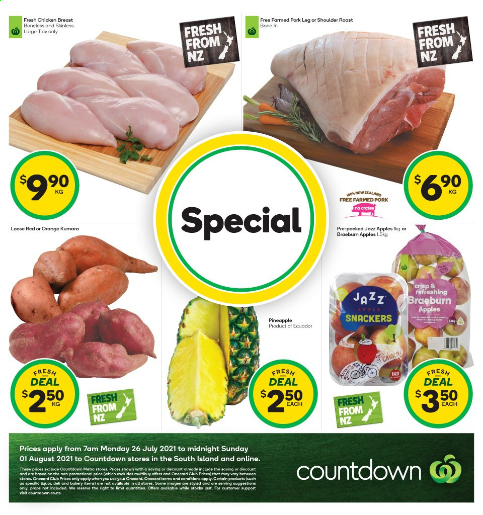 thumbnail - Countdown mailer - 26.07.2021 - 01.08.2021 - Sales products - pineapple, oranges, apples, liquor, chicken breasts, pork meat, pork leg, tray. Page 2.