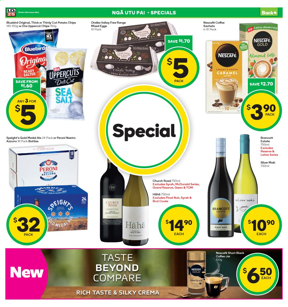 thumbnail - Countdown mailer - 26.07.2021 - 01.08.2021 - Sales products - eggs, potato chips, chips, Bluebird, coffee, Nescafé, red wine, white wine, wine, Pinot Noir, Cuvée, Syrah, Pinot Grigio, Peroni, Brut, jar. Page 3.