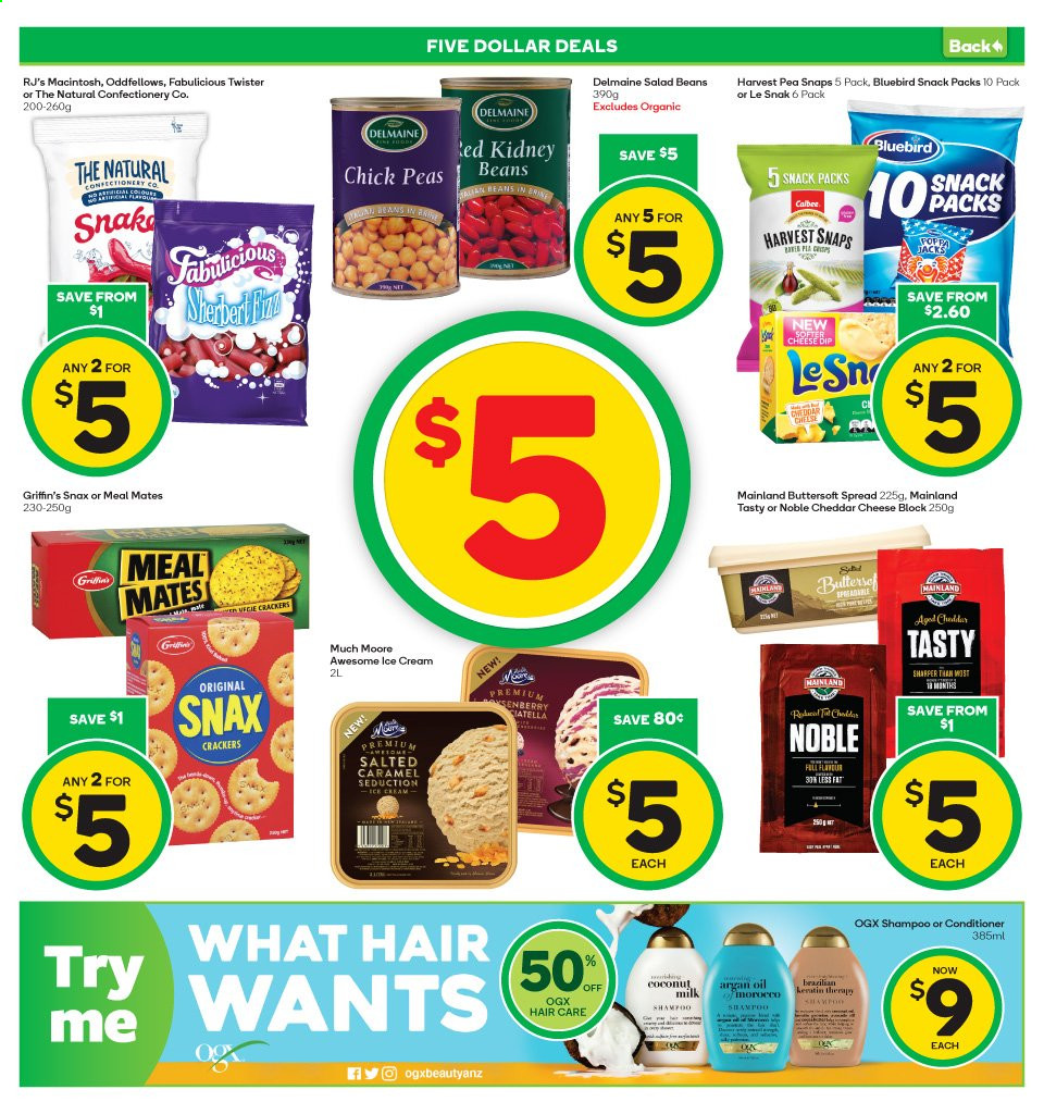 thumbnail - Countdown mailer - 26.07.2021 - 01.08.2021 - Sales products - beans, peas, salad, Delmaine, cheddar, cheese, milk, dip, ice cream, Much Moore, snack, crackers, Griffin's, Bluebird, Le Snak, Harvest Snaps, shampoo, OGX, conditioner, Twister, argan oil. Page 4.