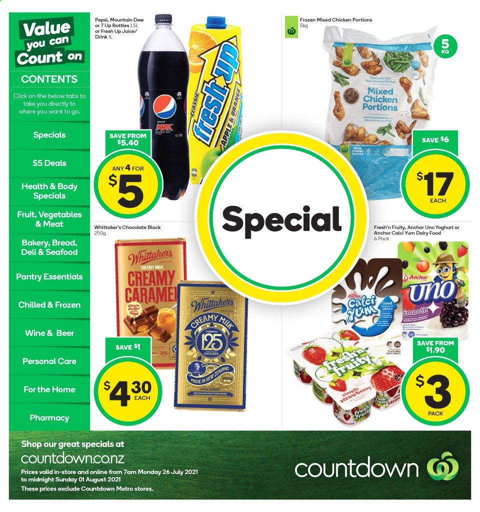 thumbnail - Countdown mailer - 26.07.2021 - 01.08.2021 - Sales products - yoghurt, Fresh'n Fruity, Anchor, chocolate, Whittaker's, Mountain Dew, Pepsi, juice, 7UP, wine, beer. Page 1.