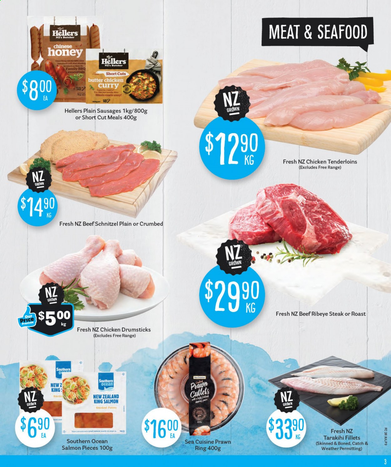 thumbnail - Fresh Choice mailer - 26.07.2021 - 01.08.2021 - Sales products - salmon, seafood, prawns, tarakihi, schnitzel, sausage, honey, chicken drumsticks, beef meat, beef steak, steak, ribeye steak. Page 3.