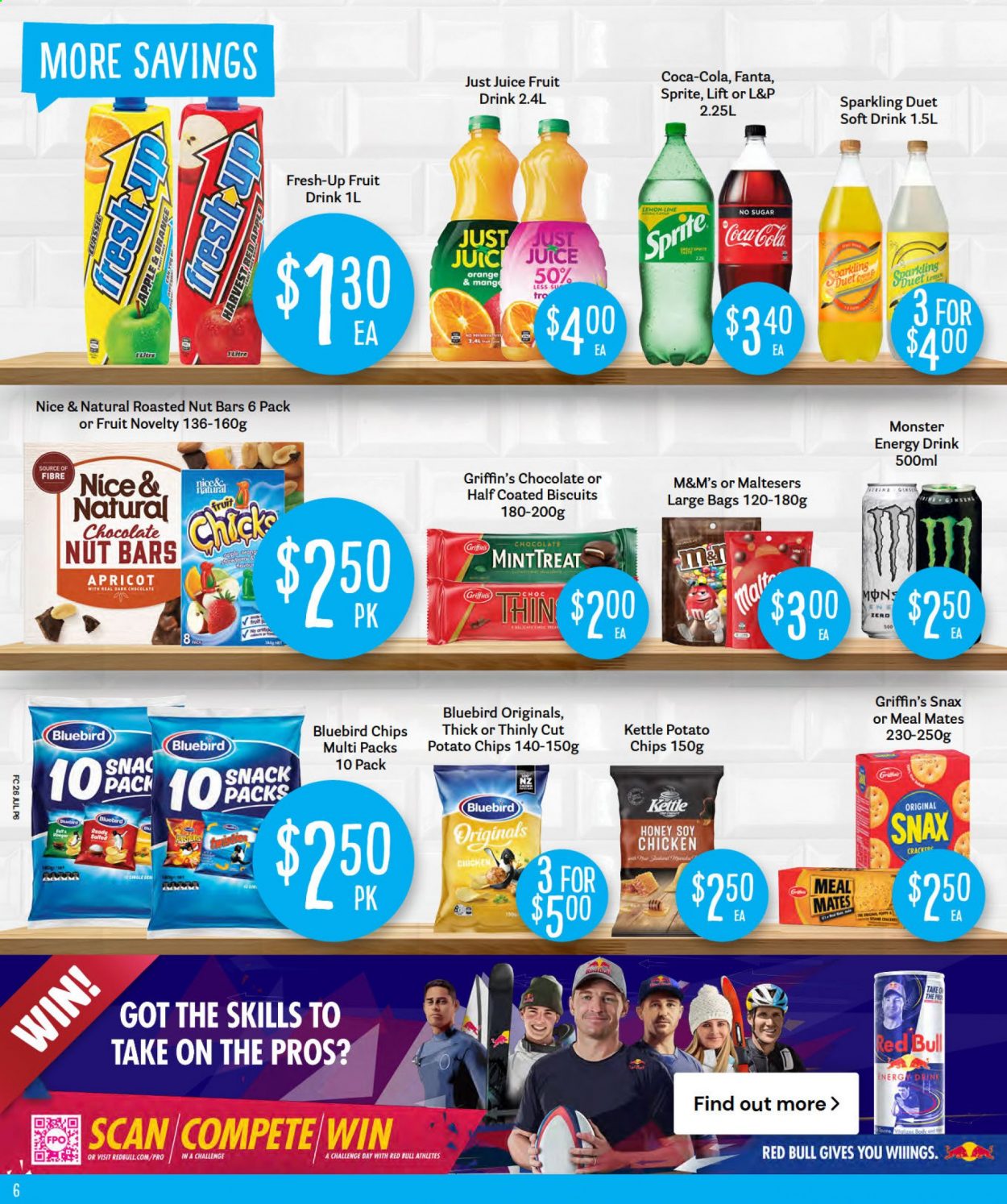 thumbnail - Fresh Choice mailer - 26.07.2021 - 01.08.2021 - Sales products - oranges, chocolate, snack, M&M's, biscuit, dark chocolate, Maltesers, Griffin's, potato chips, chips, Bluebird, nut bar, honey, Coca-Cola, Sprite, juice, energy drink, Monster, Fanta, fruit drink, soft drink, Red Bull, L&P, Monster Energy. Page 6.