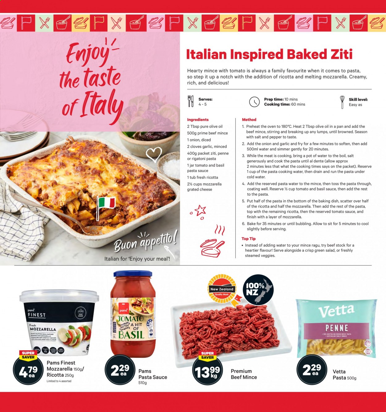 thumbnail - New World mailer - 26.07.2021 - 01.08.2021 - Sales products - garlic, pasta sauce, baked ziti, mozzarella, ricotta, cheese, grated cheese, tomato sauce, penne, esponja, pepper, cloves, ragu, beef meat, ground beef. Page 4.