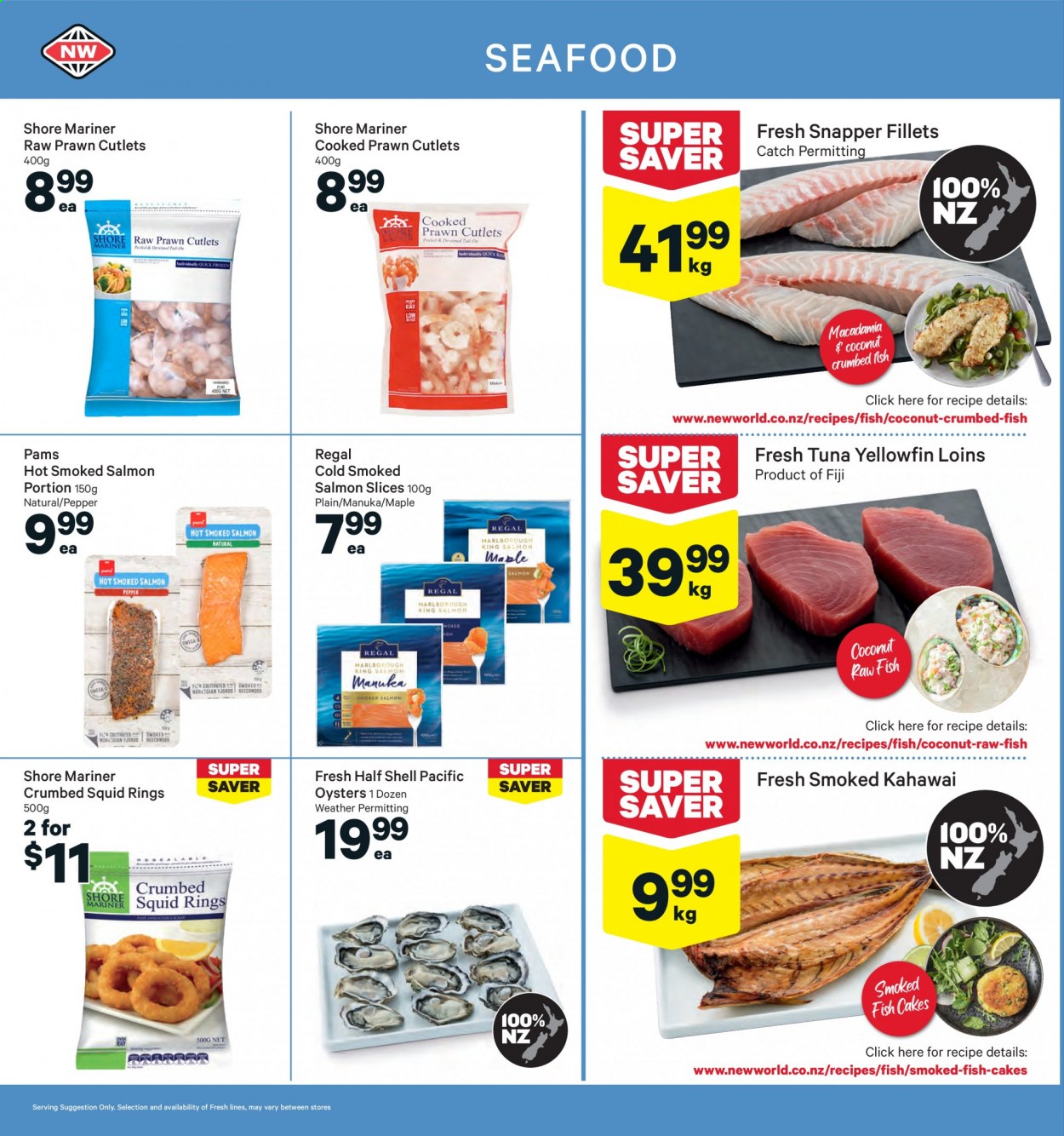 thumbnail - New World mailer - 26.07.2021 - 01.08.2021 - Sales products - coconut, salmon, smoked salmon, squid, tuna, oysters, seafood, prawns, fish, Shore Mariner, squid rings, fish cake, pepper. Page 6.