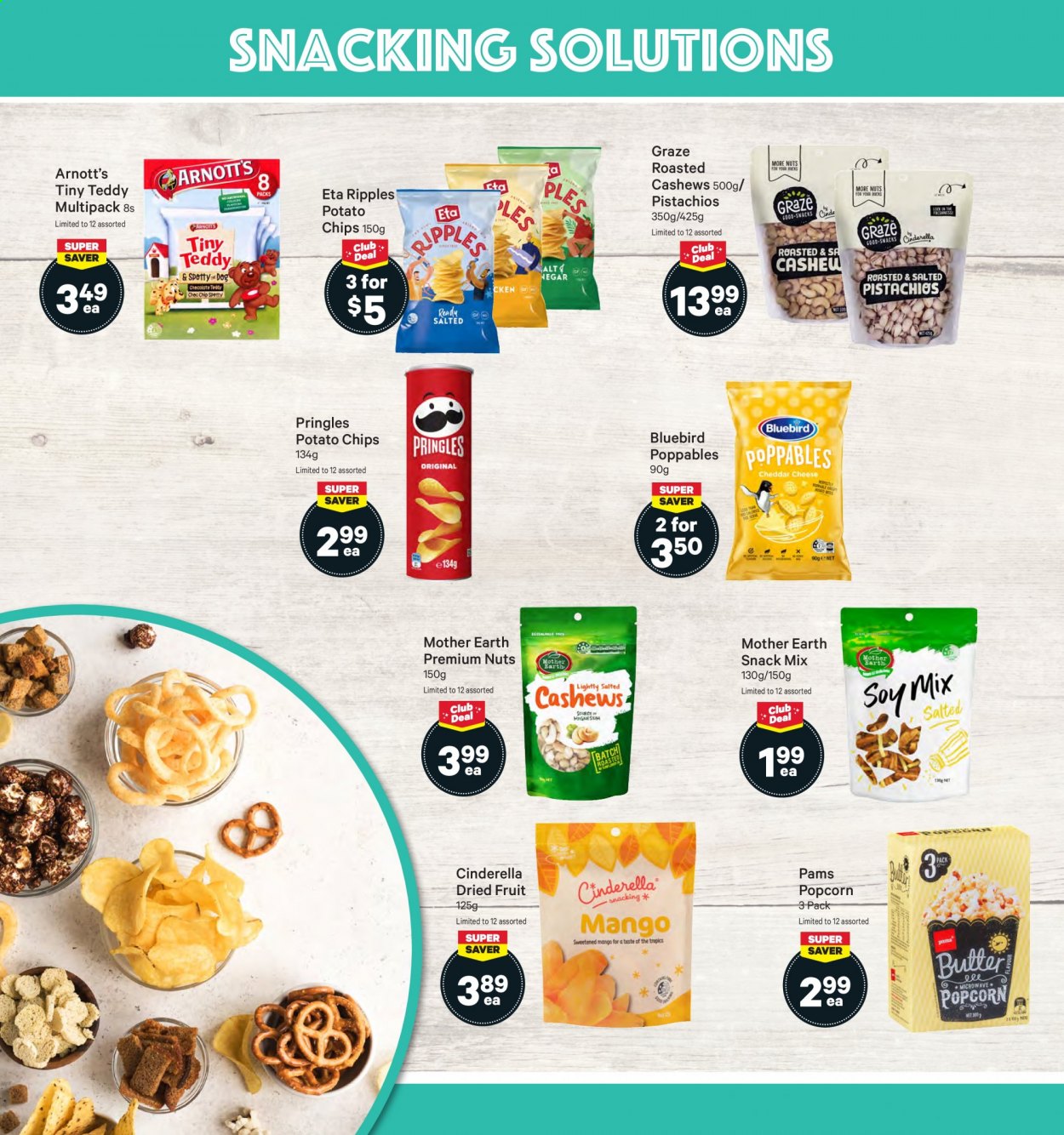 thumbnail - New World mailer - 26.07.2021 - 01.08.2021 - Sales products - mango, cheese, butter, snack, Mother Earth, potato chips, Pringles, chips, Soy Mix, Bluebird, popcorn, cashews, dried fruit, pistachios, Graze. Page 14.