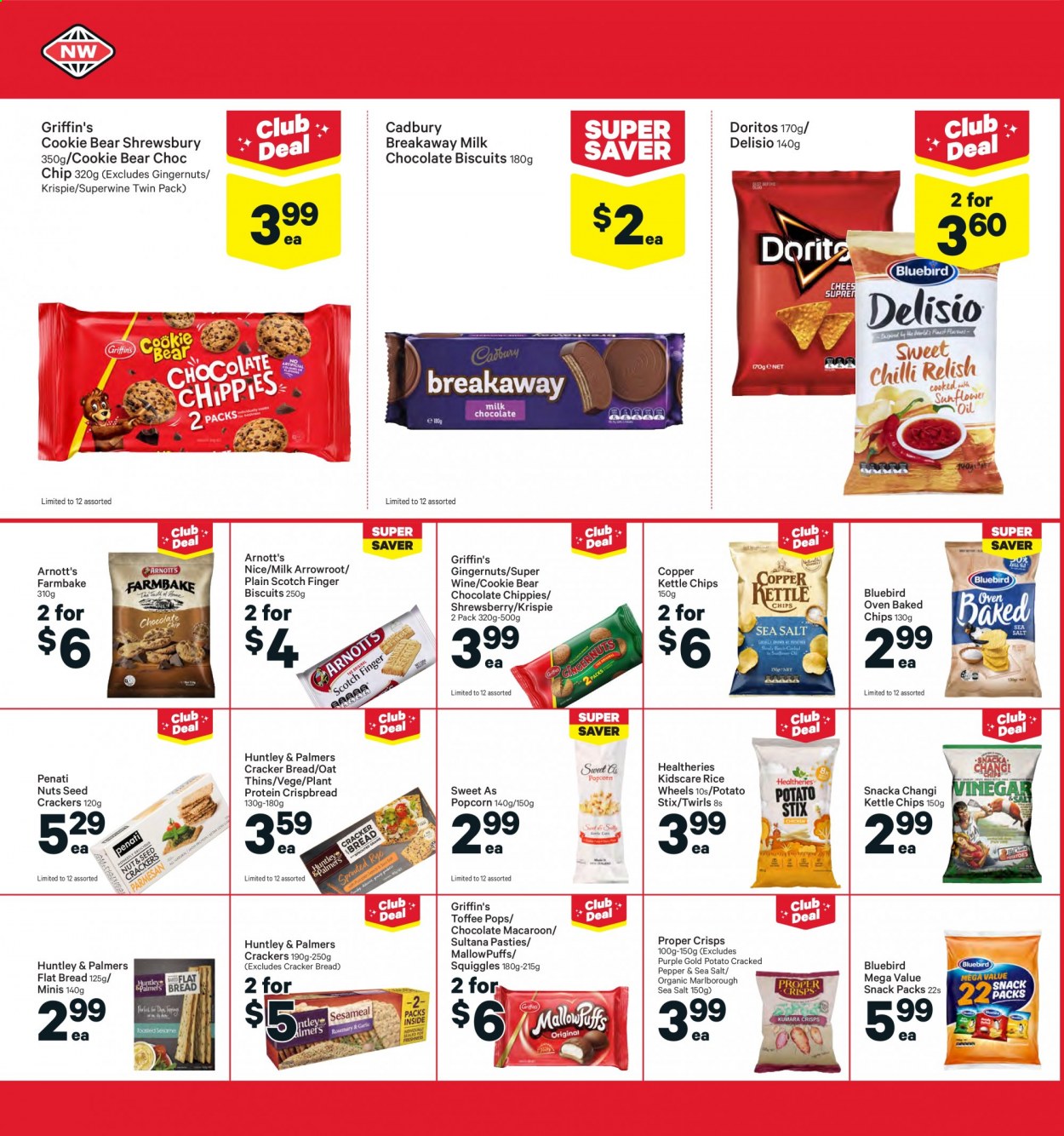thumbnail - New World mailer - 26.07.2021 - 01.08.2021 - Sales products - bread, crispbread, milk chocolate, chocolate, snack, toffee, crackers, biscuit, Cadbury, MallowPuffs, Griffin's, Doritos, chips, Thins, Bluebird, popcorn, Delisio, Copper Kettle, oats, plant protein, rice, wine. Page 16.