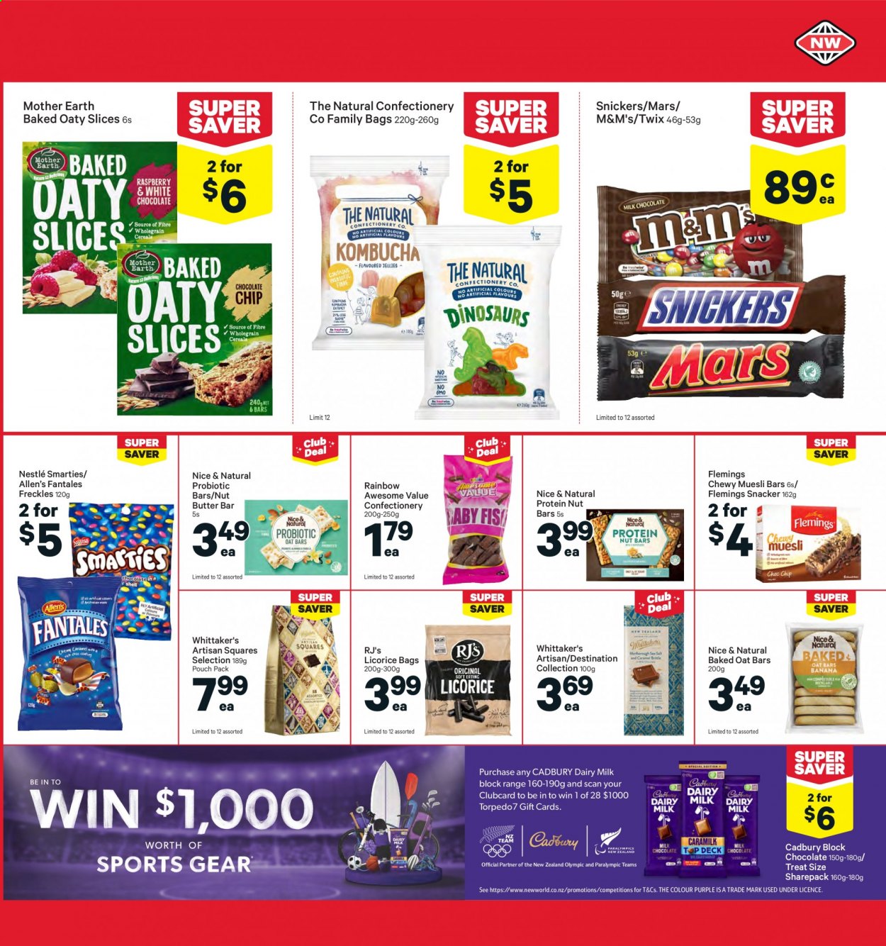 thumbnail - New World mailer - 26.07.2021 - 01.08.2021 - Sales products - Nestlé, chocolate, Snickers, Twix, Mars, M&M's, Smarties, Cadbury, Mother Earth, Whittaker's, Artisan Squares Selection, Dairy Milk, nut bar, muesli bar, muesli. Page 21.