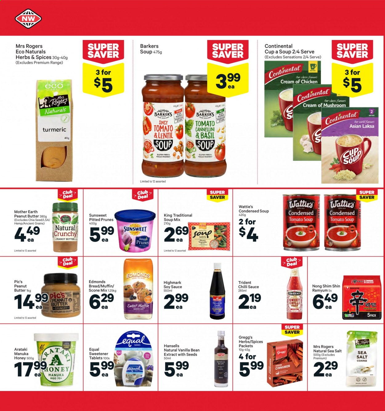 thumbnail - New World mailer - 26.07.2021 - 01.08.2021 - Sales products - bread, muffin, scone mix, soup mix, condensed soup, soup, sauce, Wattie's, instant soup, Continental, Mother Earth, Trident, sea salt, sweetener, herbs, soy sauce, chilli sauce, peanut butter, Manuka Honey, prunes, dried fruit. Page 22.