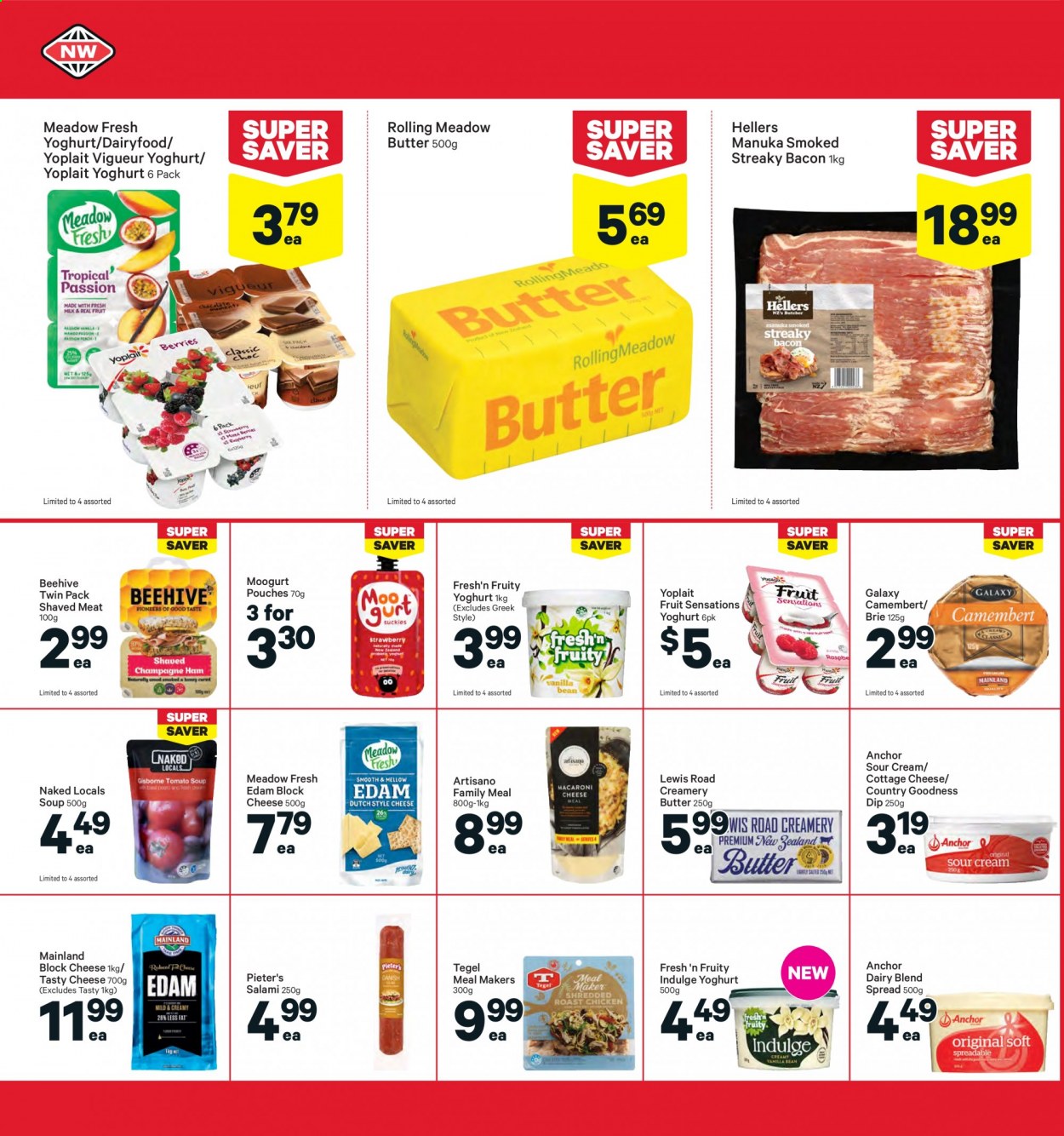 thumbnail - New World mailer - 26.07.2021 - 01.08.2021 - Sales products - soup, bacon, salami, streaky bacon, camembert, cottage cheese, edam cheese, cheese, brie, yoghurt, Fresh'n Fruity, Yoplait, dairy blend, butter, Anchor, sour cream, dip. Page 24.