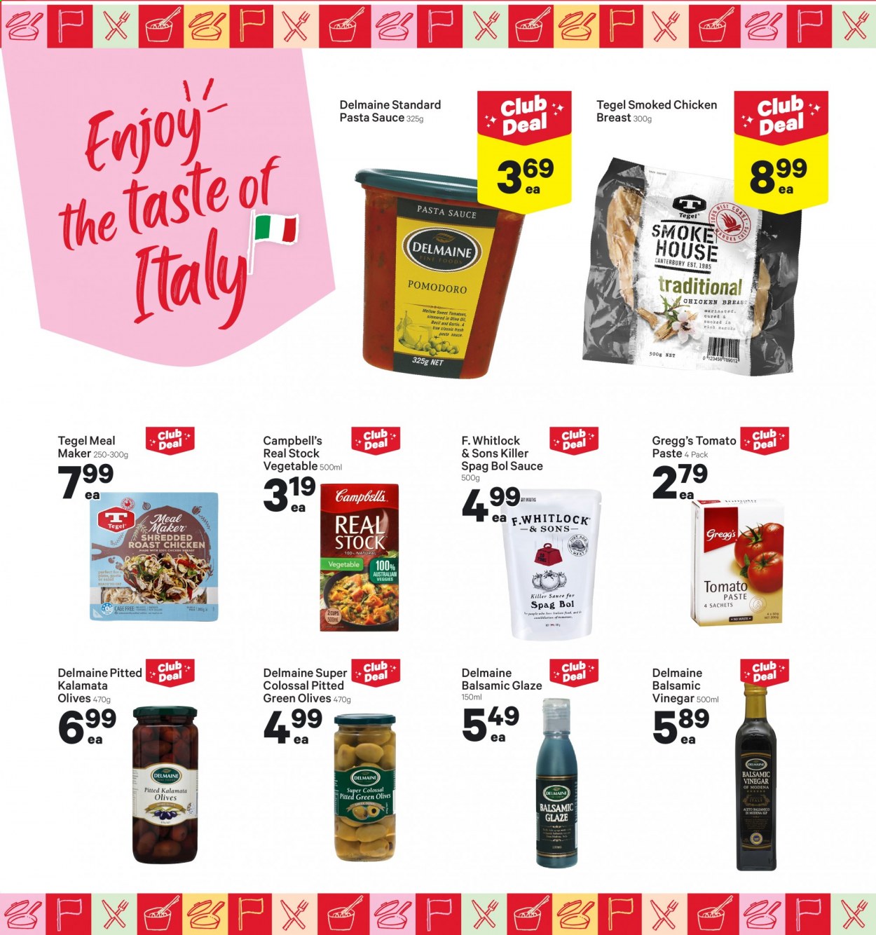 thumbnail - New World mailer - 26.07.2021 - 01.08.2021 - Sales products - garlic, Campbell's, pizza, chicken roast, pasta sauce, Delmaine, cage free eggs, tomato paste, olives, balsamic glaze, balsamic vinegar, vinegar, chicken breasts. Page 4.
