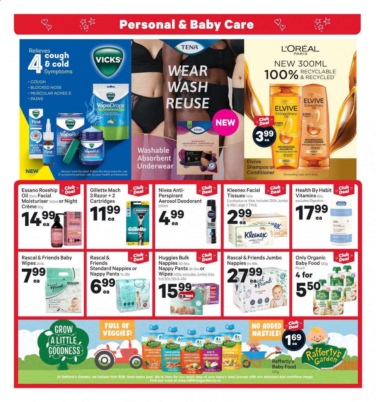 thumbnail - New World mailer - 26.07.2021 - 01.08.2021 - Sales products - oil, organic baby food, wipes, Huggies, pants, baby wipes, nappies, Nivea, Kleenex, tissues, shampoo, facial tissues, rosehip oil, conditioner, Essano, anti-perspirant, deodorant, Gillette, razor. Page 16.