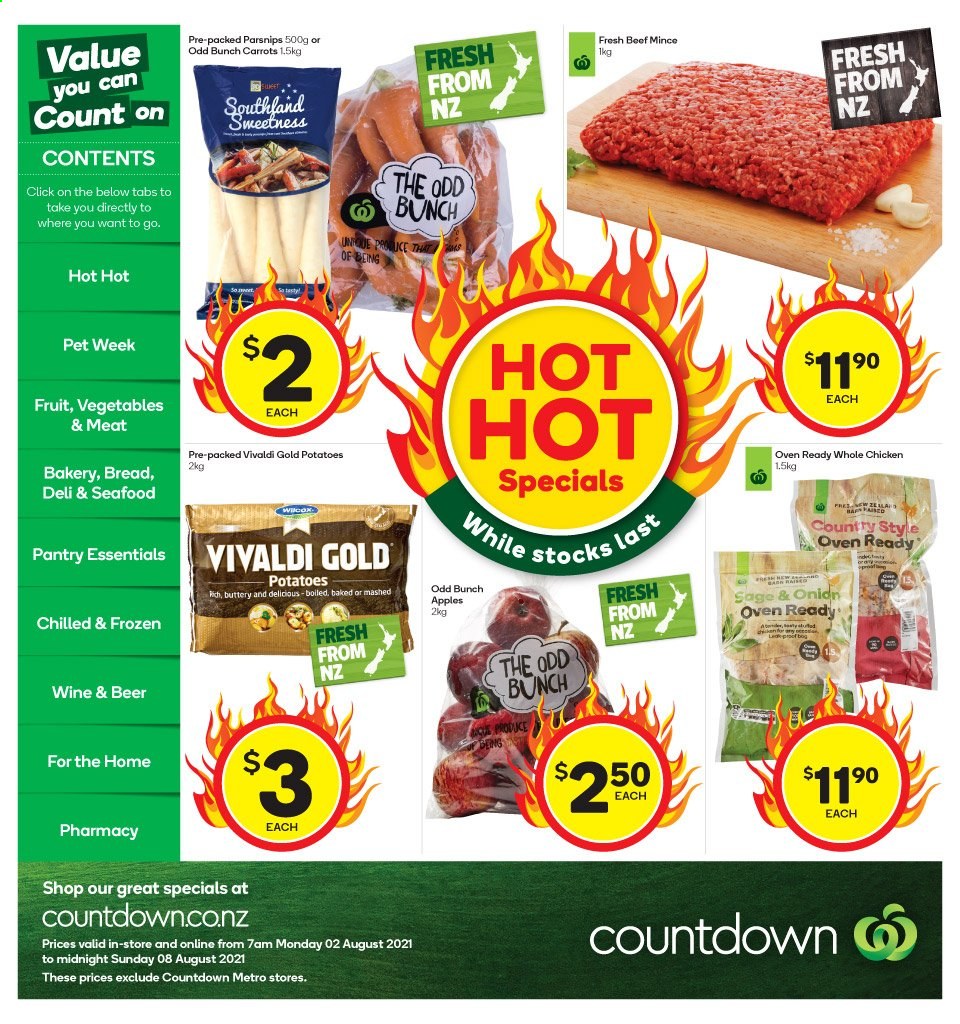 thumbnail - Countdown mailer - 02.08.2021 - 08.08.2021 - Sales products - parsnips, carrots, potatoes, apples, beer, whole chicken, ground beef, beef meat. Page 1.