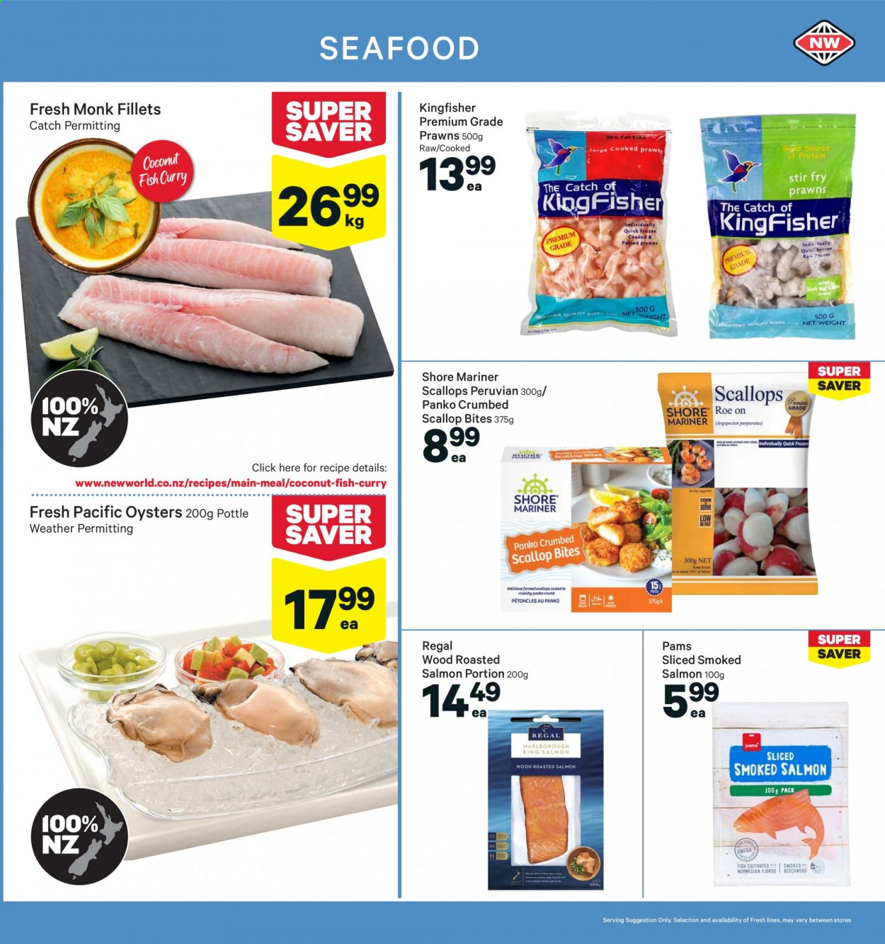 thumbnail - New World mailer - 02.08.2021 - 08.08.2021 - Sales products - panko breadcrumbs, coconut, salmon, scallops, smoked salmon, oysters, seafood, prawns, fish, Shore Mariner, herbs. Page 7.