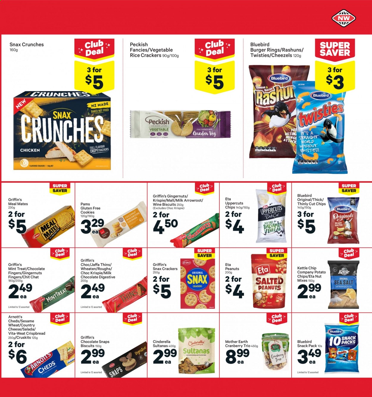 thumbnail - New World mailer - 02.08.2021 - 08.08.2021 - Sales products - crispbread, hamburger, cheese, cookies, milk chocolate, chocolate, crackers, biscuit, Griffin's, Mother Earth, Digestive, potato chips, Thins, Bluebird, rice crackers, malt, sultanas, peanuts, dried fruit, wine. Page 15.