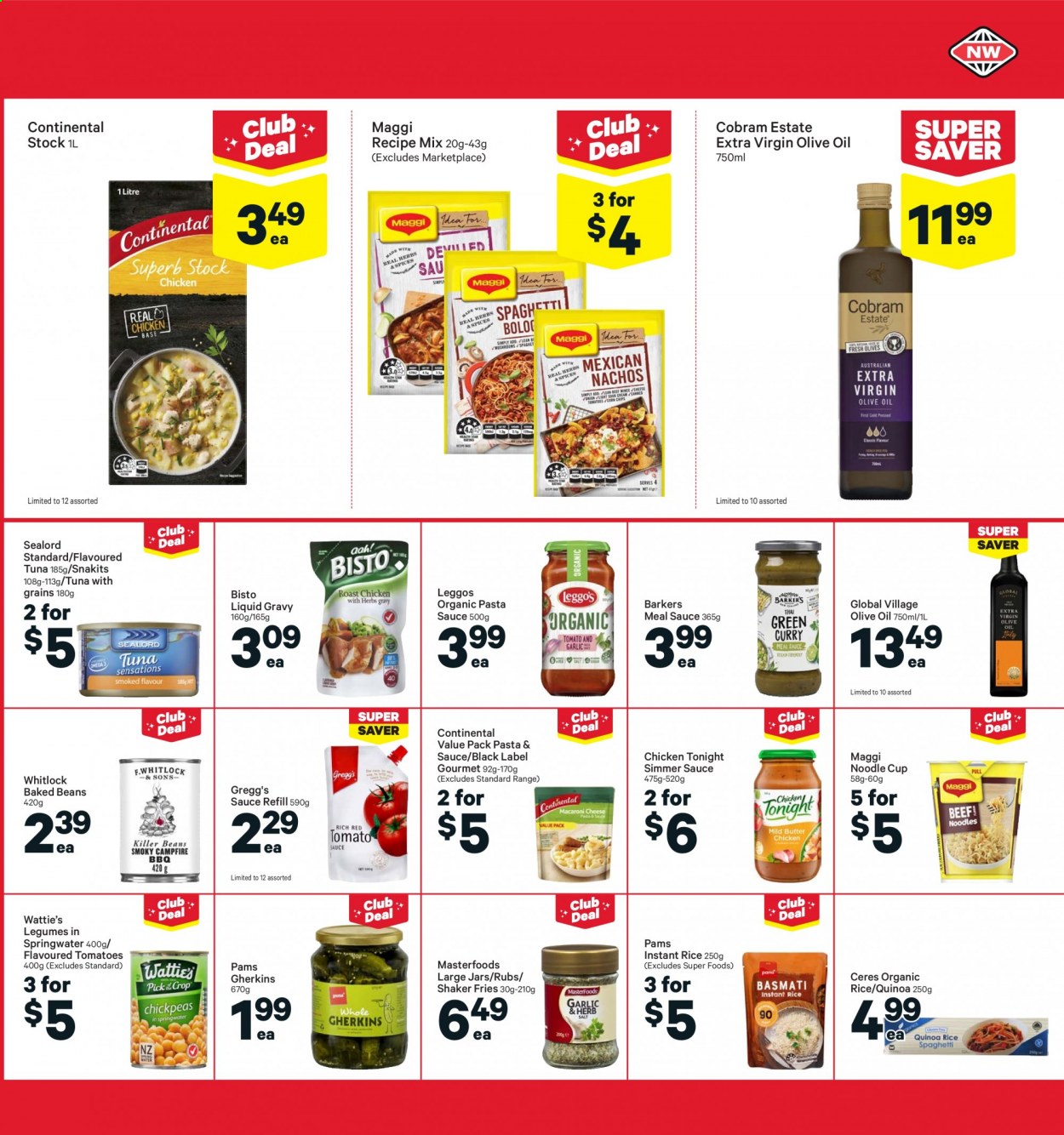 thumbnail - New World mailer - 02.08.2021 - 08.08.2021 - Sales products - beans, tomatoes, tuna, Sealord, pasta sauce, noodles, Wattie's, Continental, potato fries, Maggi, baked beans, quinoa, rice, extra virgin olive oil, olive oil, oil, Cerés. Page 21.