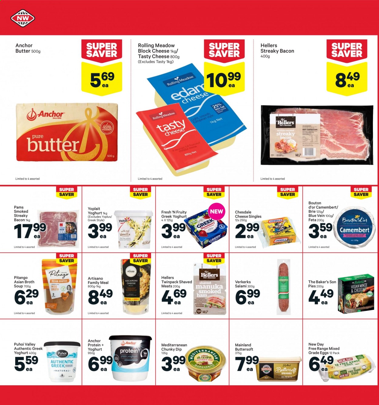thumbnail - New World mailer - 02.08.2021 - 08.08.2021 - Sales products - soup, bacon, salami, streaky bacon, camembert, cheese, brie, feta, greek yoghurt, yoghurt, Yoplait, eggs, butter, Anchor, dip, broth. Page 22.