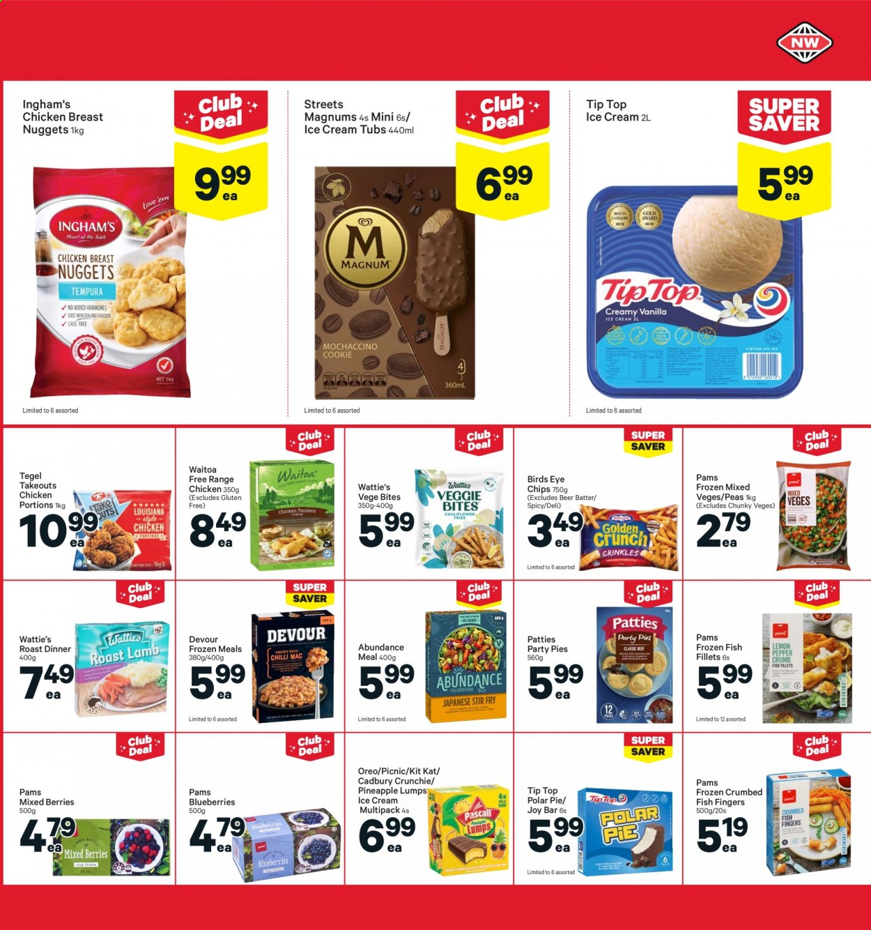 thumbnail - New World mailer - 02.08.2021 - 08.08.2021 - Sales products - pie, Tip Top, peas, blueberries, pineapple, fish fillets, fish, crumbed fish, fish fingers, fish sticks, nuggets, chicken nuggets, Bird's Eye, Wattie's, Oreo, ice cream, Joy Bar, Devour, KitKat, Cadbury, beer. Page 23.