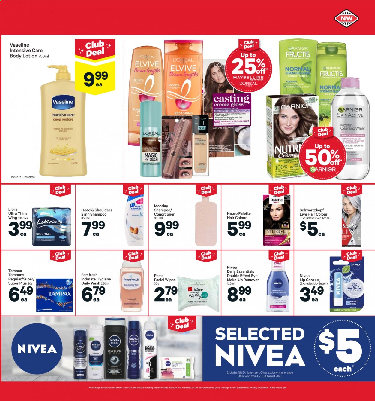 thumbnail - New World mailer - 02.08.2021 - 08.08.2021 - Sales products - butter, Thins, wipes, Nivea, shampoo, Vaseline, Tampax, tampons, conditioner, Head & Shoulders, Palette, hair color, body lotion. Page 25.