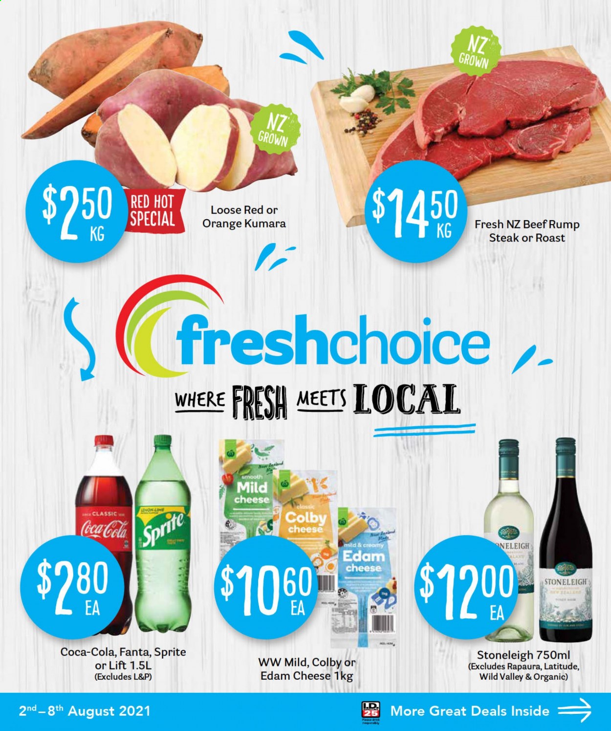 thumbnail - Fresh Choice mailer - 02.08.2021 - 08.08.2021 - Sales products - oranges, Colby cheese, edam cheese, cheese, mild cheese, Coca-Cola, Sprite, Fanta, L&P, beef meat, steak, rump steak. Page 1.