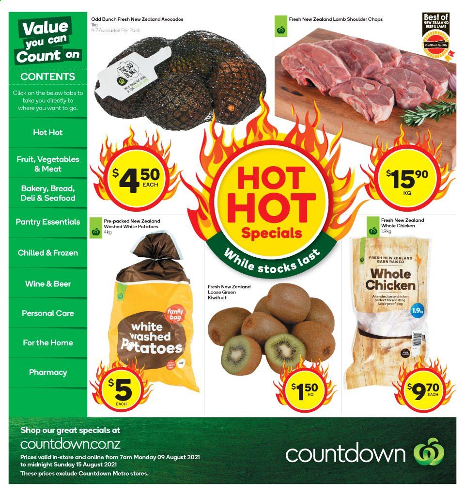 thumbnail - Countdown mailer - 09.08.2021 - 15.08.2021 - Sales products - potatoes, avocado, kiwi, beer, whole chicken, lamb meat, lamb shoulder. Page 1.