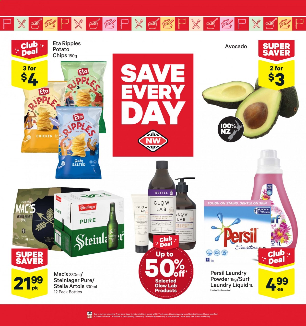 thumbnail - New World mailer - 09.08.2021 - 15.08.2021 - Sales products - Stella Artois, avocado, kiwi, coconut, chips, wine, beer, Steinlager, Mac’s, IPA, hand wash. Page 2.