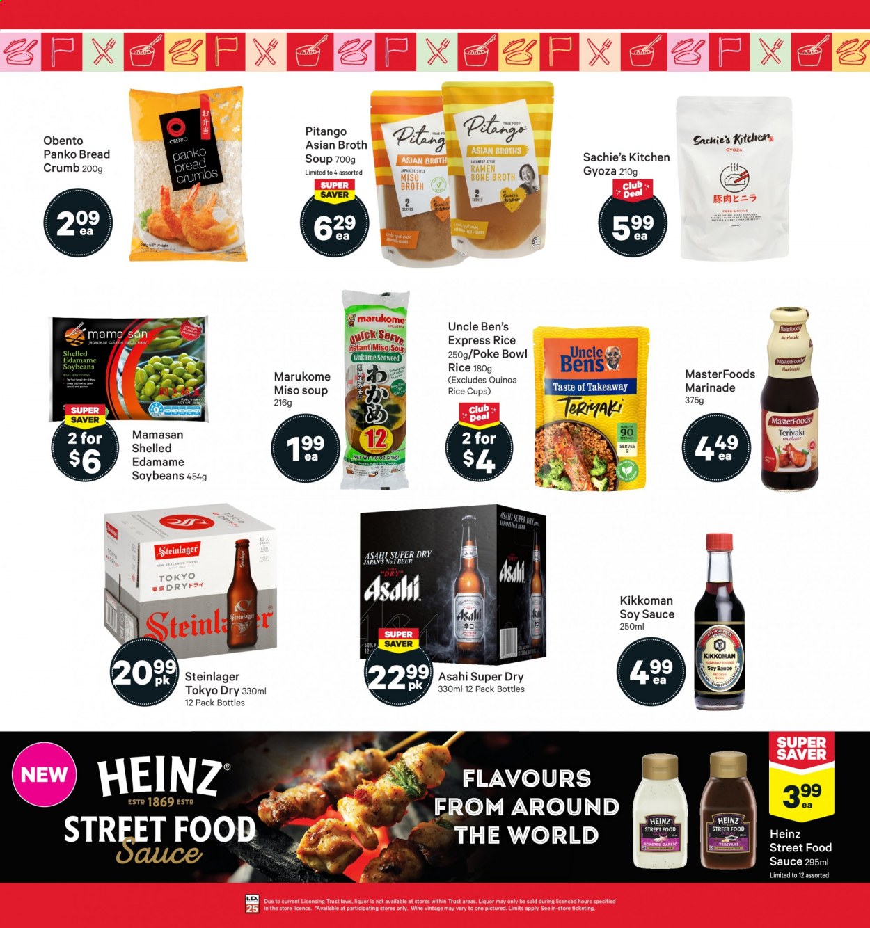 thumbnail - New World mailer - 09.08.2021 - 15.08.2021 - Sales products - panko breadcrumbs, soup, sauce, broth, Heinz, Uncle Ben's, quinoa, rice, soybeans, miso, soy sauce, Kikkoman, marinade, Steinlager. Page 5.