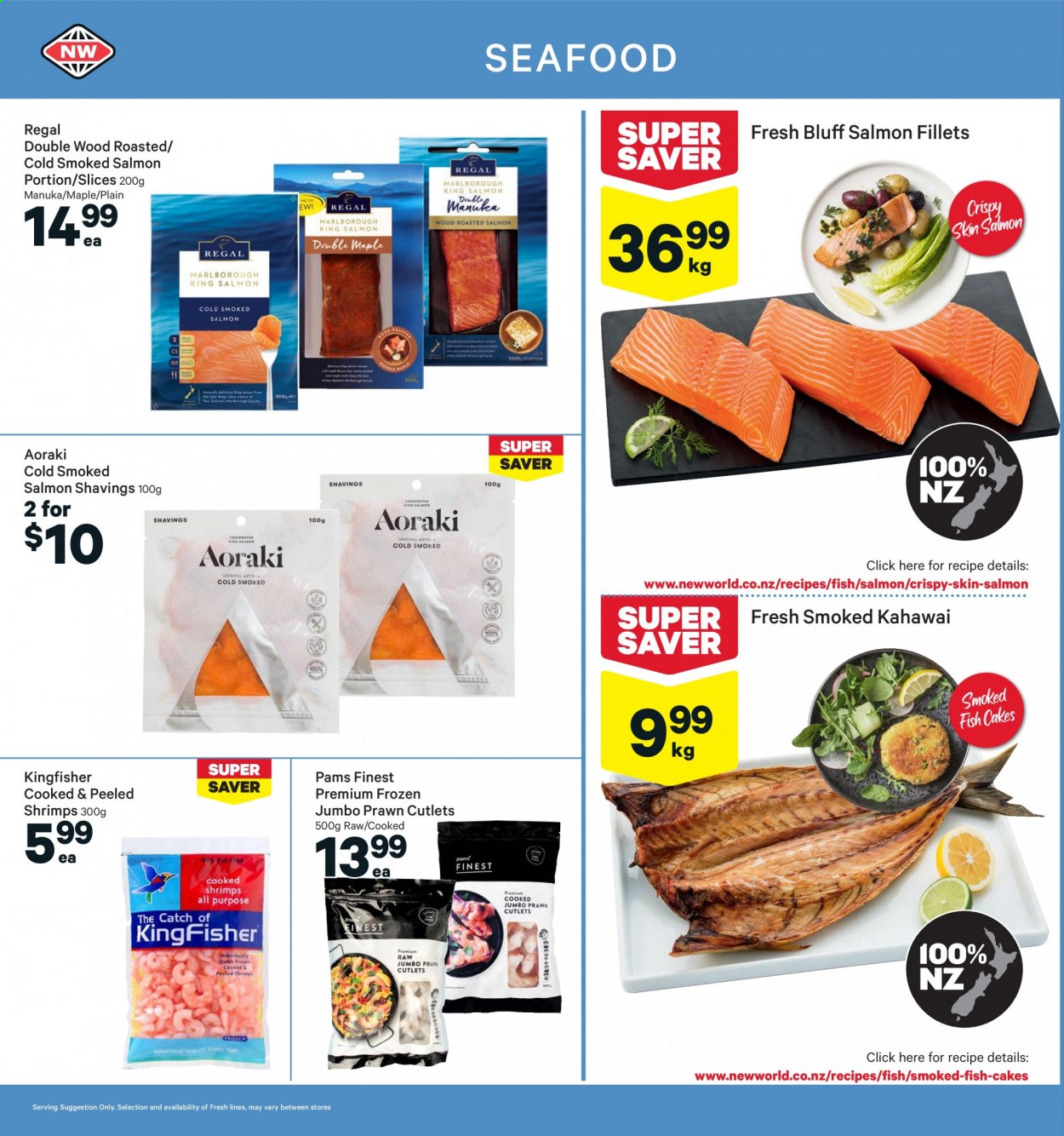 thumbnail - New World mailer - 09.08.2021 - 15.08.2021 - Sales products - salmon, salmon fillet, shrimps, smoked salmon, seafood, prawns, fish, fish cake. Page 8.