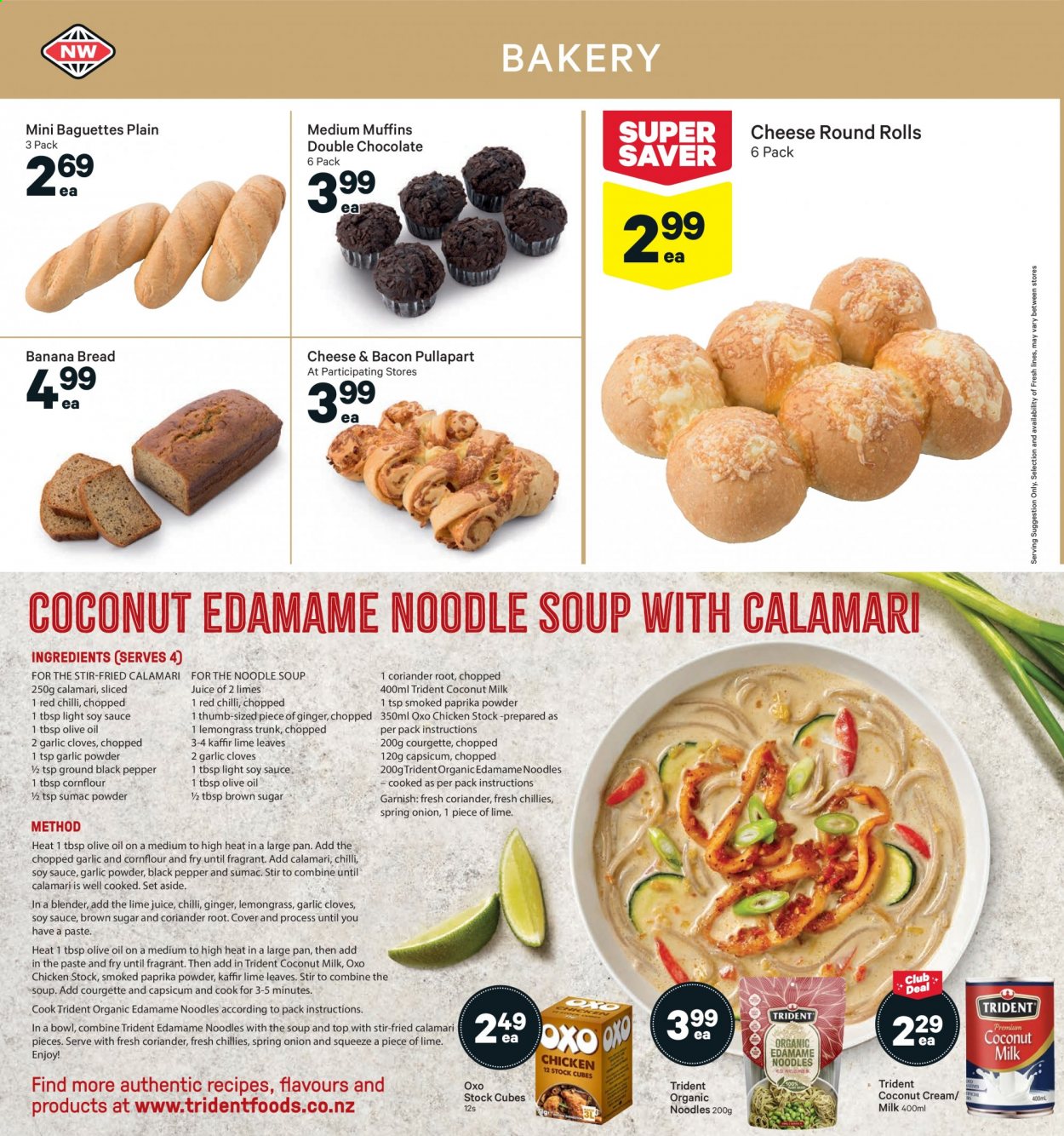 thumbnail - New World mailer - 09.08.2021 - 15.08.2021 - Sales products - baguette, bread, muffin, banana bread, Edamame, green onion, calamari, soup, noodles cup, noodles, bacon, chocolate, Trident, coconut milk, cloves, garlic powder, coriander, soy sauce, oil. Page 10.