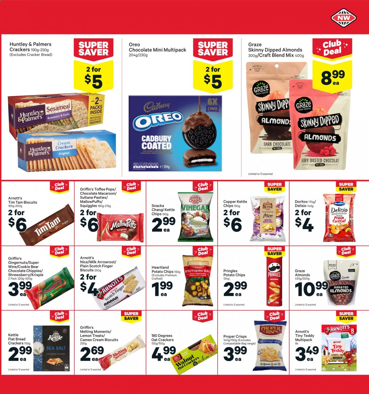 thumbnail - New World mailer - 09.08.2021 - 15.08.2021 - Sales products - bread, Oreo, milk, chocolate, toffee, crackers, Tim Tam, biscuit, MallowPuffs, Griffin's, Doritos, potato chips, Pringles, chips, Heartland, Delisio, Copper Kettle, oats, almonds, Graze, wine. Page 17.