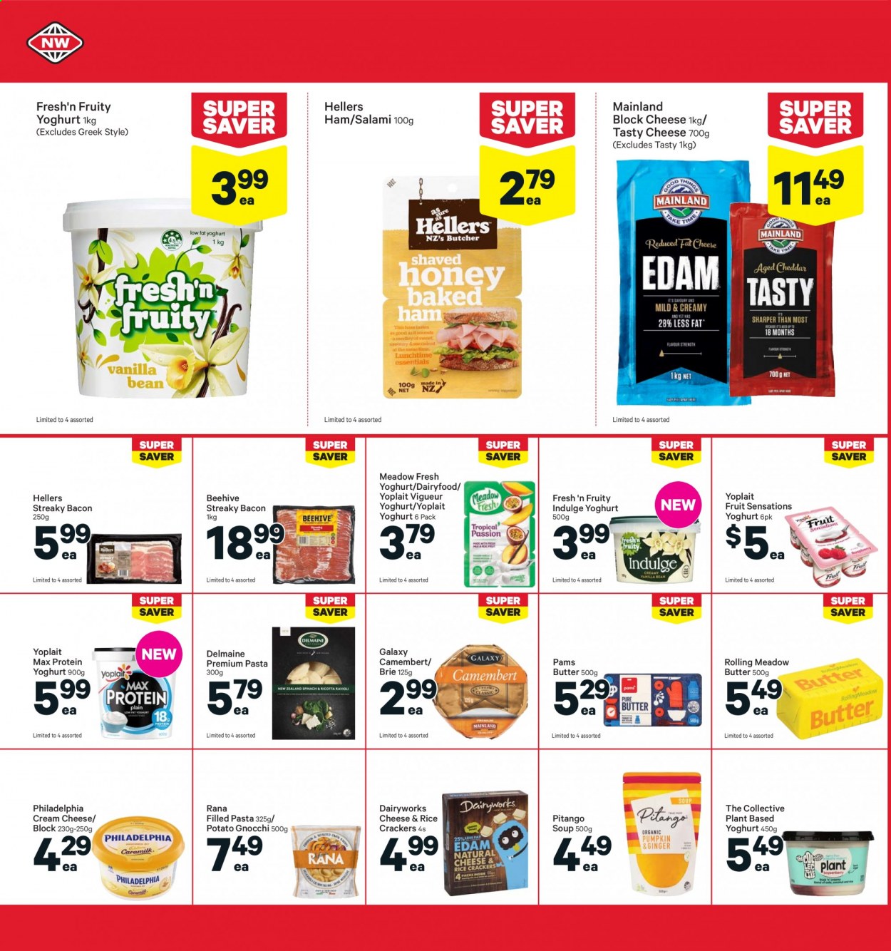 thumbnail - New World mailer - 09.08.2021 - 15.08.2021 - Sales products - gnocchi, soup, pasta, Delmaine, Giovanni Rana, Rana, filled pasta, bacon, salami, ham, streaky bacon, camembert, cream cheese, Philadelphia, brie, yoghurt, Fresh'n Fruity, Yoplait, butter, crackers, rice crackers. Page 22.