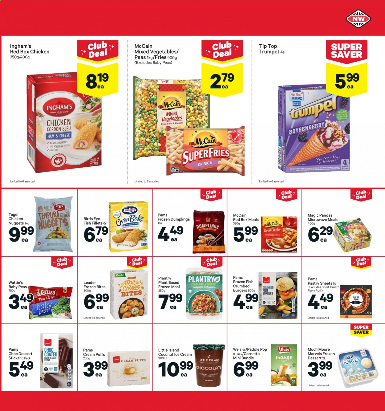 thumbnail - New World mailer - 09.08.2021 - 15.08.2021 - Sales products - Tip Top, puffs, cream puffs, peas, coconut, fish fillets, fish, nuggets, hamburger, chicken nuggets, dumplings, Bird's Eye, Wattie's, ice cream, Cornetto, Much Moore, mixed vegetables, McCain, potato fries. Page 23.