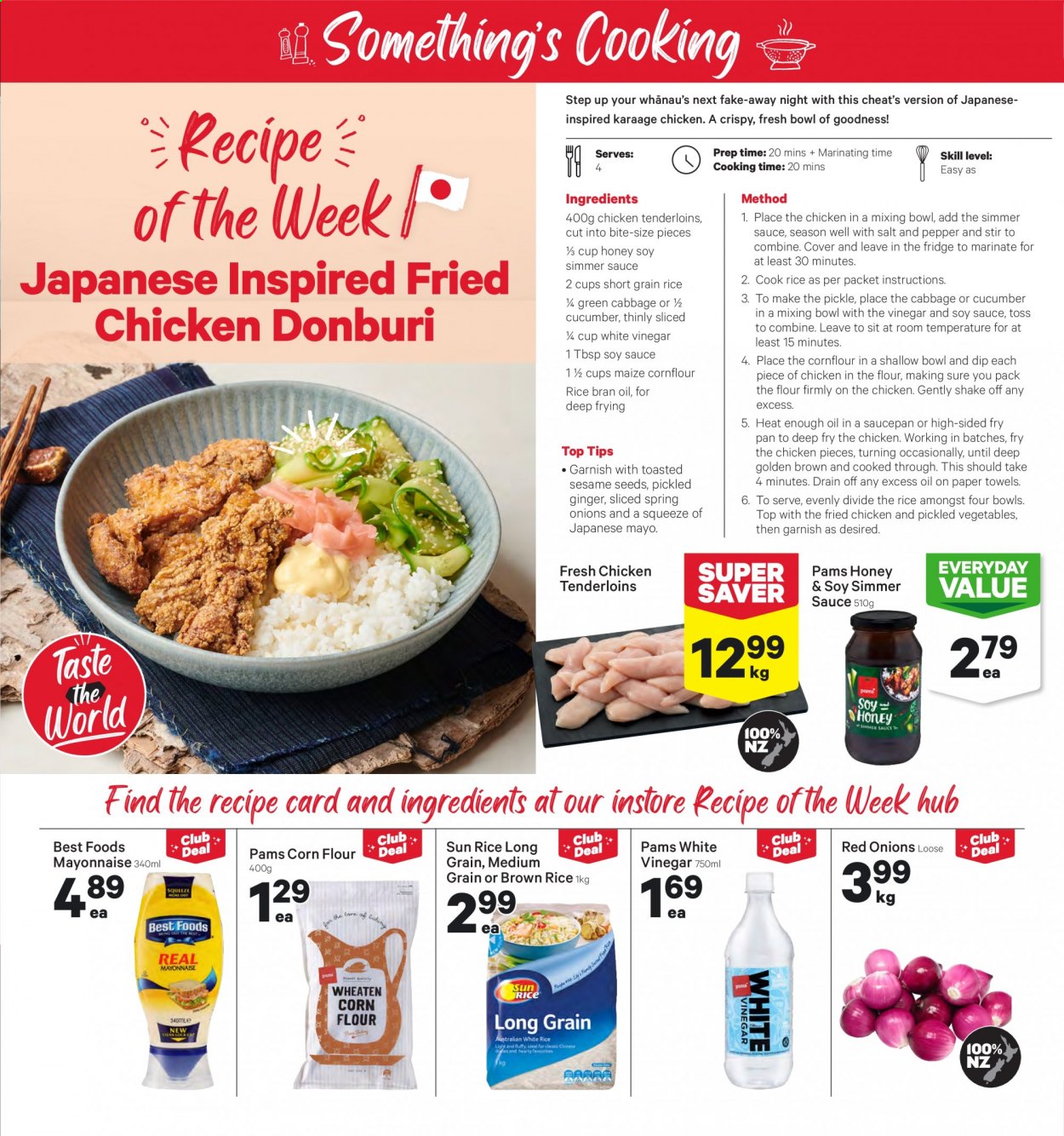 thumbnail - New World mailer - 09.08.2021 - 15.08.2021 - Sales products - ginger, red onions, onion, fried chicken, shake, mayonnaise, flour, corn flour, brown rice, short grain rice, pepper, soy sauce, vinegar, rais oil, honey, kitchen towels, Sure. Page 3.