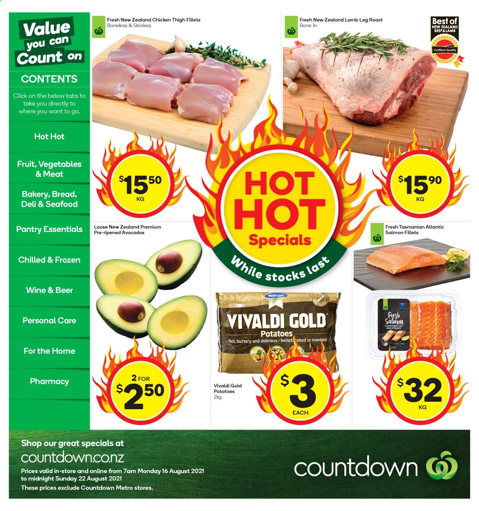 thumbnail - Countdown mailer - 16.08.2021 - 22.08.2021 - Sales products - potatoes, avocado, salmon, salmon fillet, wine, beer, lamb meat, lamb leg. Page 1.