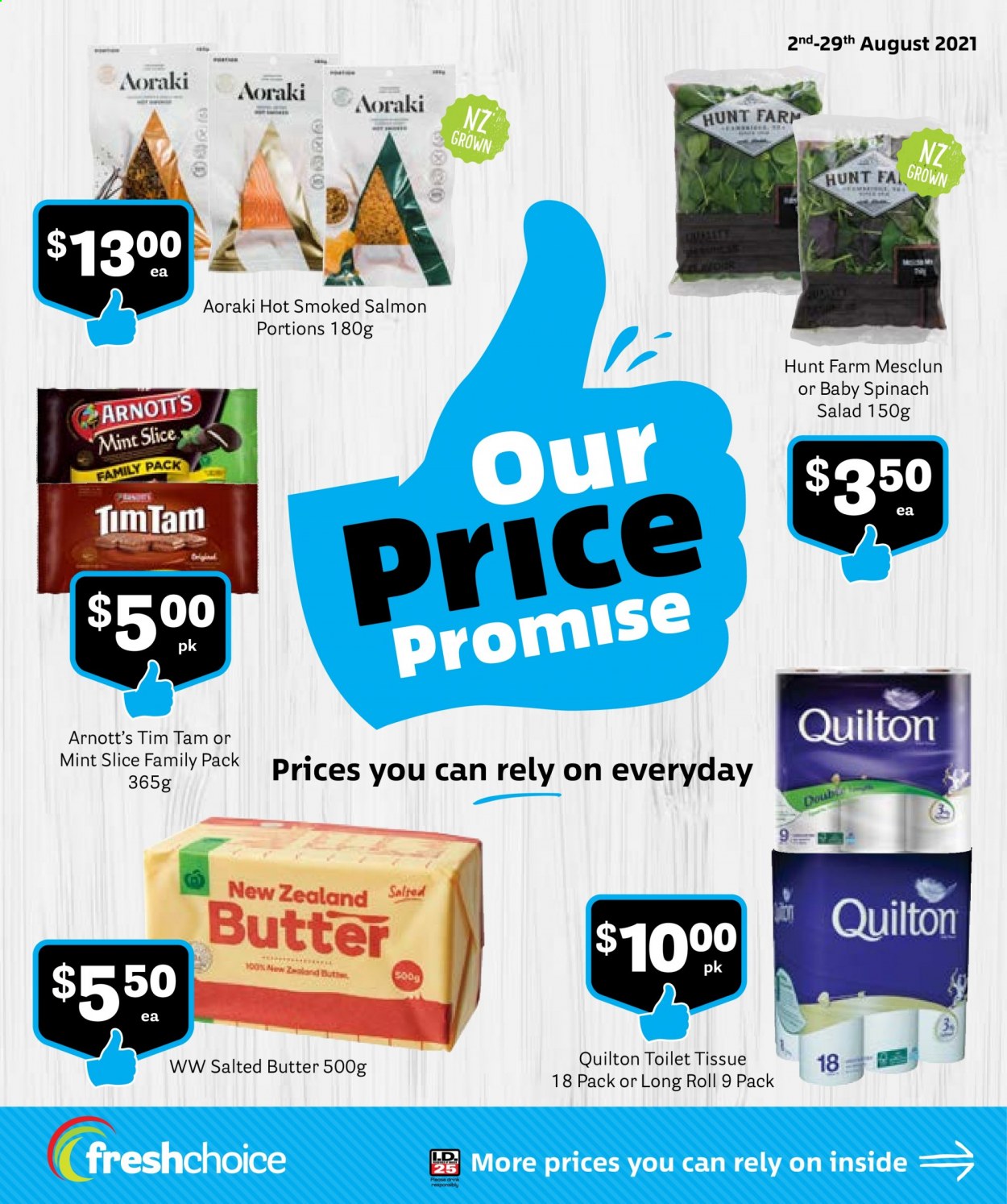 thumbnail - Fresh Choice mailer - 02.08.2021 - 29.08.2021 - Sales products - salad, mesclun, salmon, smoked salmon, butter, salted butter, Tim Tam, toilet paper, Quilton. Page 1.