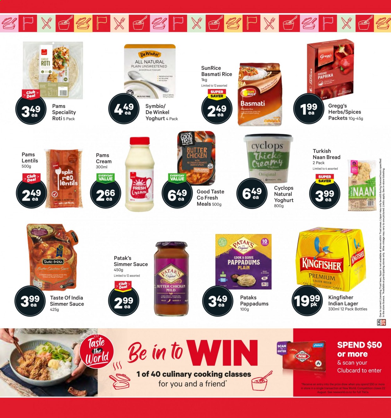 thumbnail - New World mailer - 16.08.2021 - 22.08.2021 - Sales products - bread, garlic, sauce, yoghurt, lentils, basmati rice, rice, red lentils, herbs, beer, Lager. Page 5.