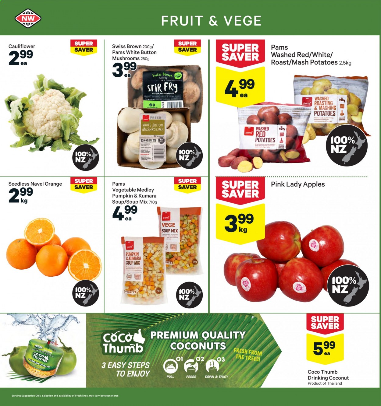 thumbnail - New World mailer - 16.08.2021 - 22.08.2021 - Sales products - mushrooms, cauliflower, oranges, coconut, apples, Pink Lady, navel oranges, soup mix, soup. Page 6.