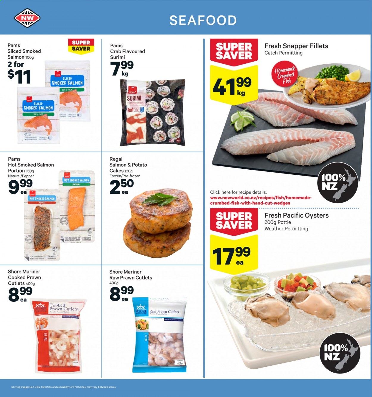thumbnail - New World mailer - 16.08.2021 - 22.08.2021 - Sales products - cake, salmon, smoked salmon, oysters, seafood, prawns, crab, fish, crumbed fish, Shore Mariner, pepper. Page 8.