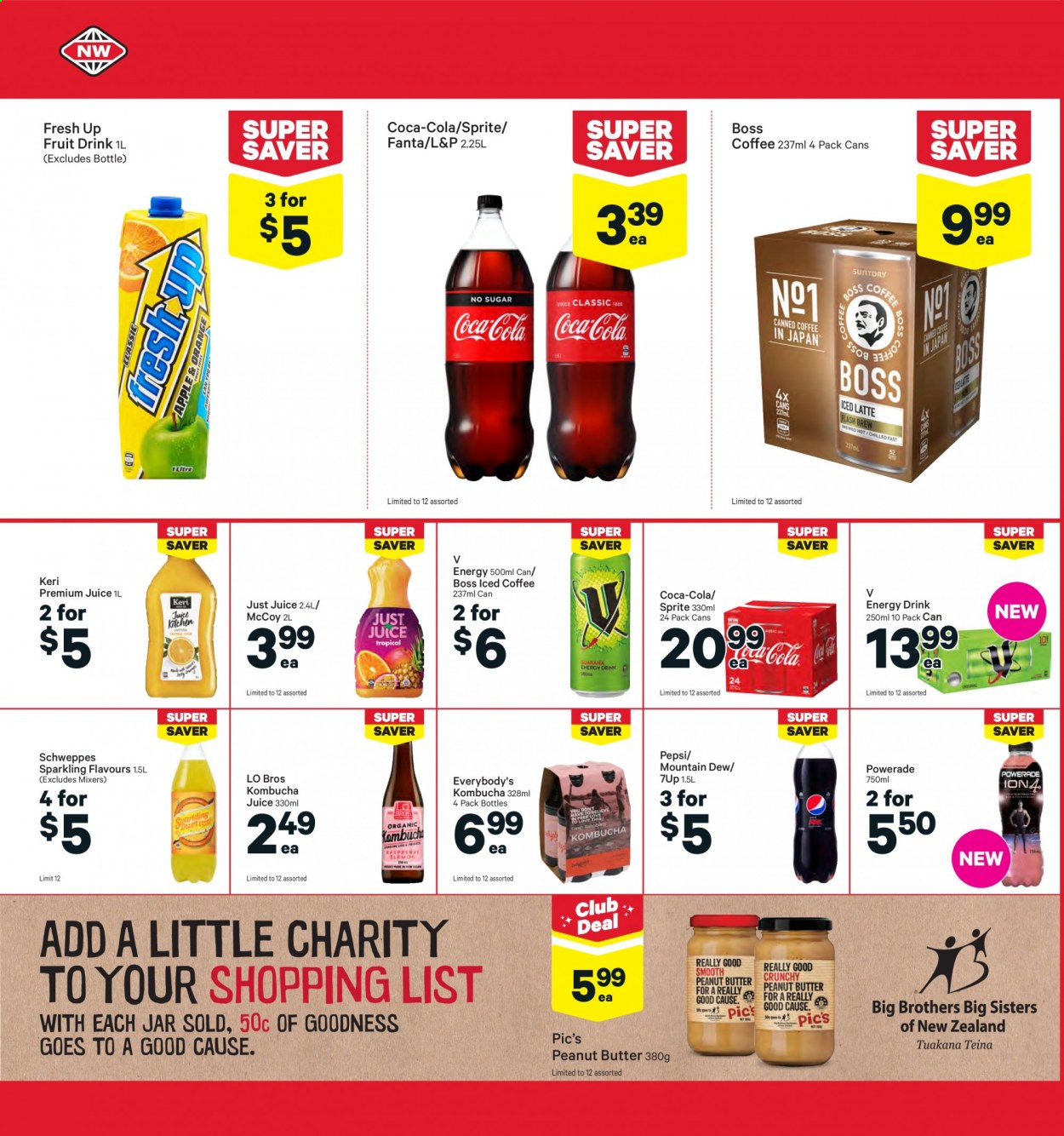 thumbnail - New World mailer - 16.08.2021 - 22.08.2021 - Sales products - oranges, Coca-Cola, Mountain Dew, Schweppes, Sprite, Powerade, Pepsi, juice, energy drink, Fanta, fruit drink, 7UP, L&P, iced coffee, kombucha, BROTHERS, Keri. Page 12.