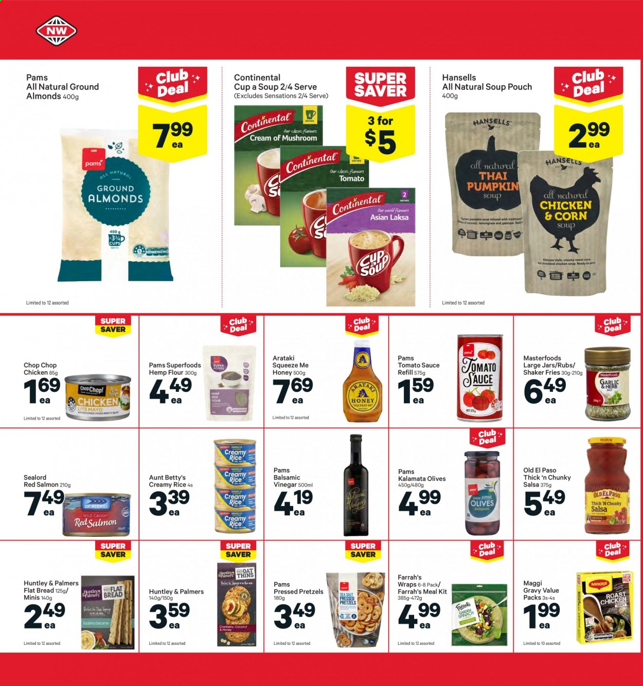 thumbnail - New World mailer - 16.08.2021 - 22.08.2021 - Sales products - bread, pretzels, Old El Paso, wraps, garlic, salmon, Sealord, chicken roast, chicken soup, soup, sauce, Continental, mayonnaise, potato fries, Thins, flour, oats, Maggi, sea salt, tomato sauce, olives, rice, herbs, salsa, vinegar, honey, almonds. Page 16.